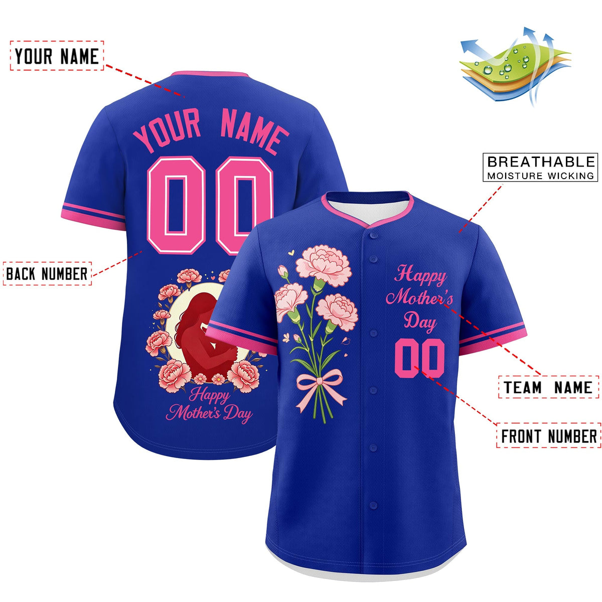 Custom Royal Blue Pink Mother's Day Style Personalization Breathable Baseball Jersey| KXKSHOP