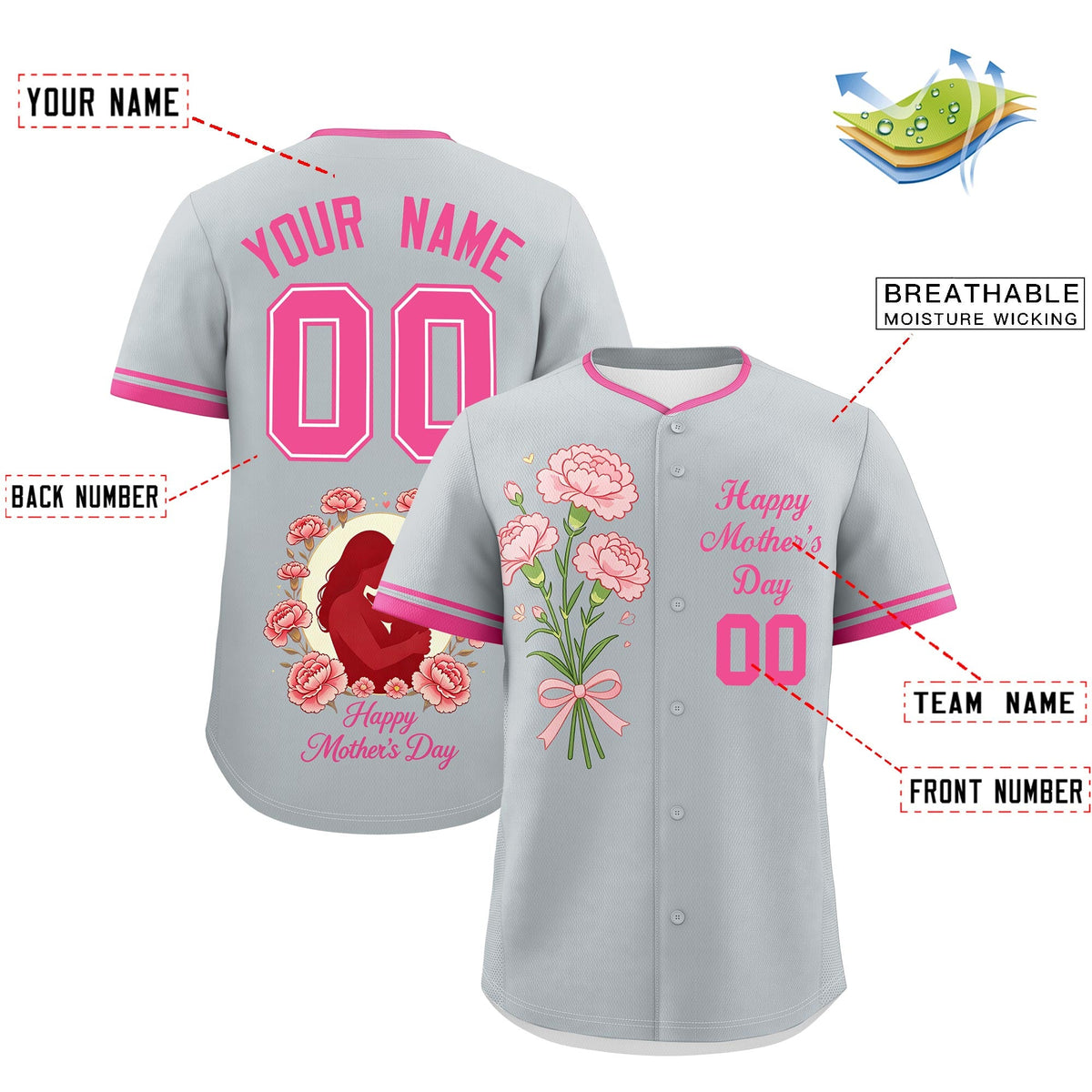 Custom Silver Pink Mother's Day Style Personalization Wrinkle-Resistant Baseball Jersey| KXKSHOP