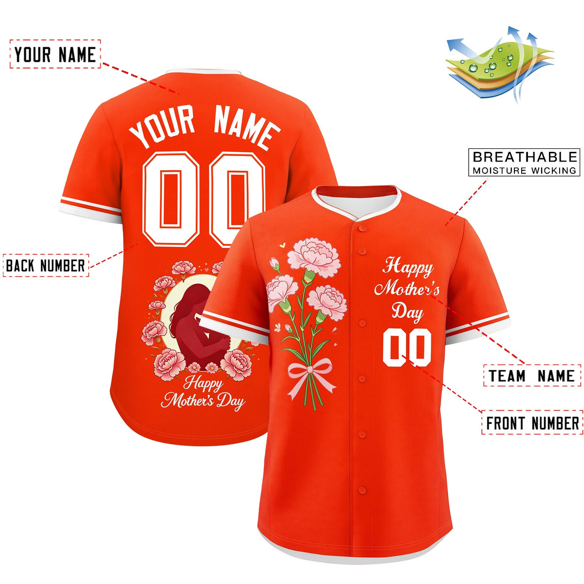 Custom Orange White Mother's Day Style Personalization Wrinkle-Resistant Baseball Jersey| KXKSHOP