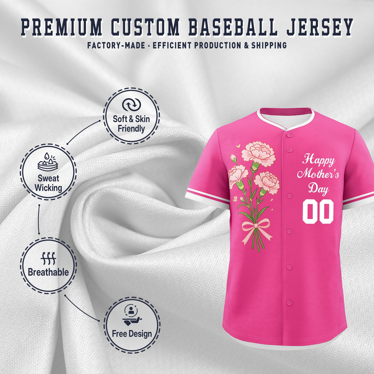 Custom Pink White Mother's Day Style Personalization Wrinkle-Resistant Baseball Jersey| KXKSHOP