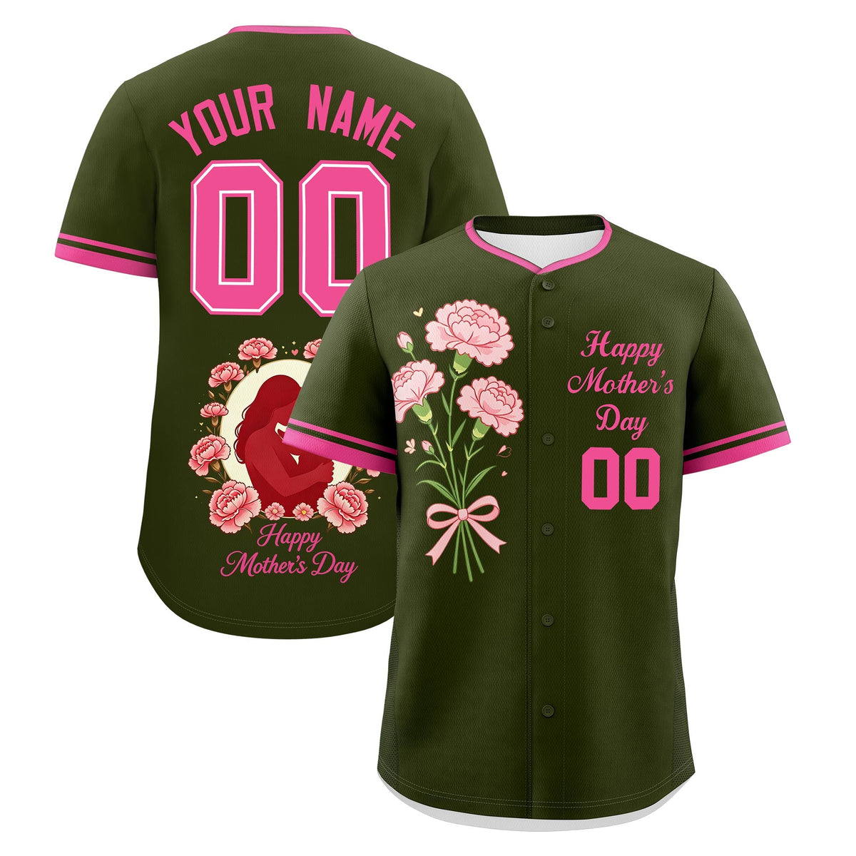 Custom Olive Pink Mother's Day Style Personalization Breathable Baseball Jersey| KXKSHOP