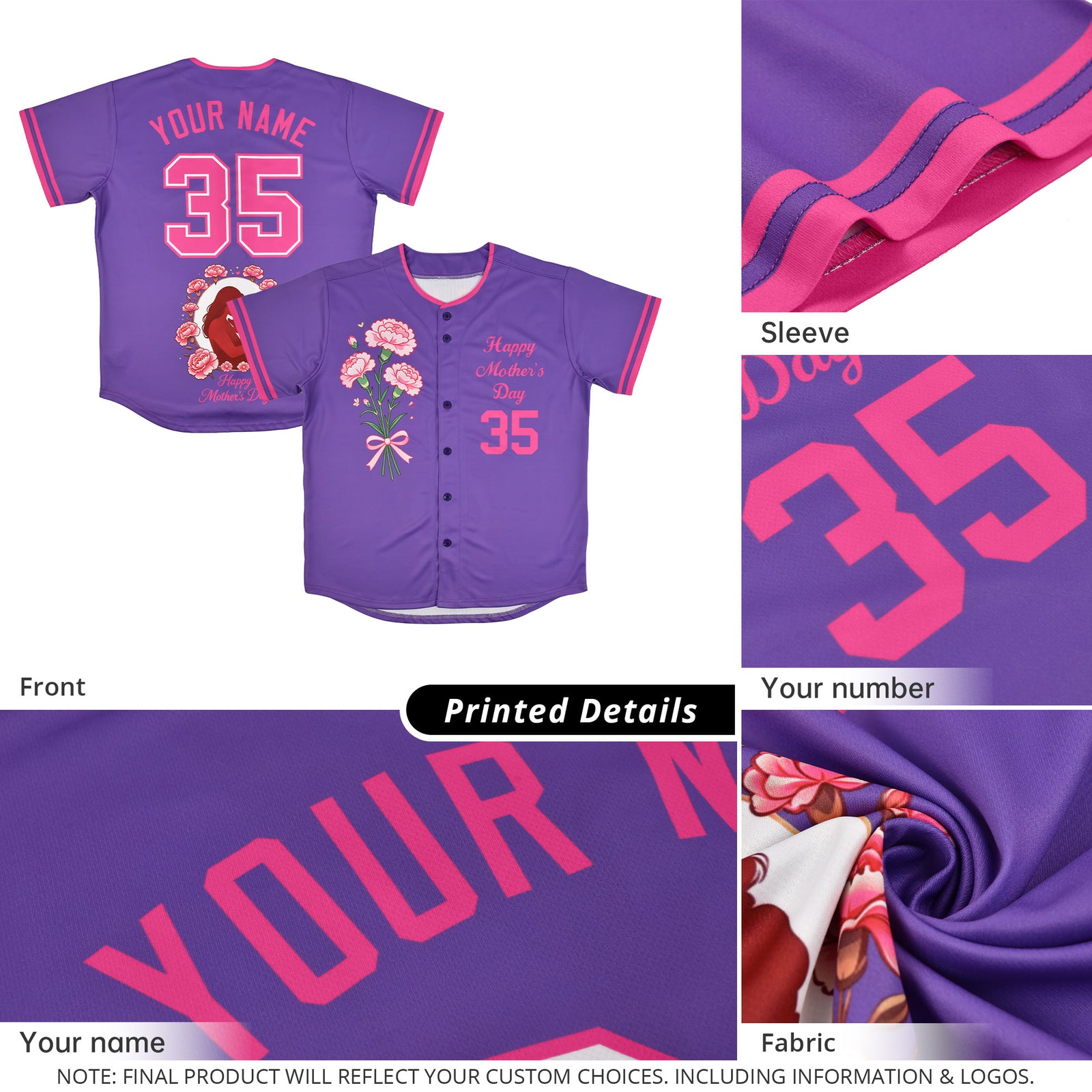 Custom Pink Mother's Day Style Personalization Wrinkle-Resistant Baseball Jersey