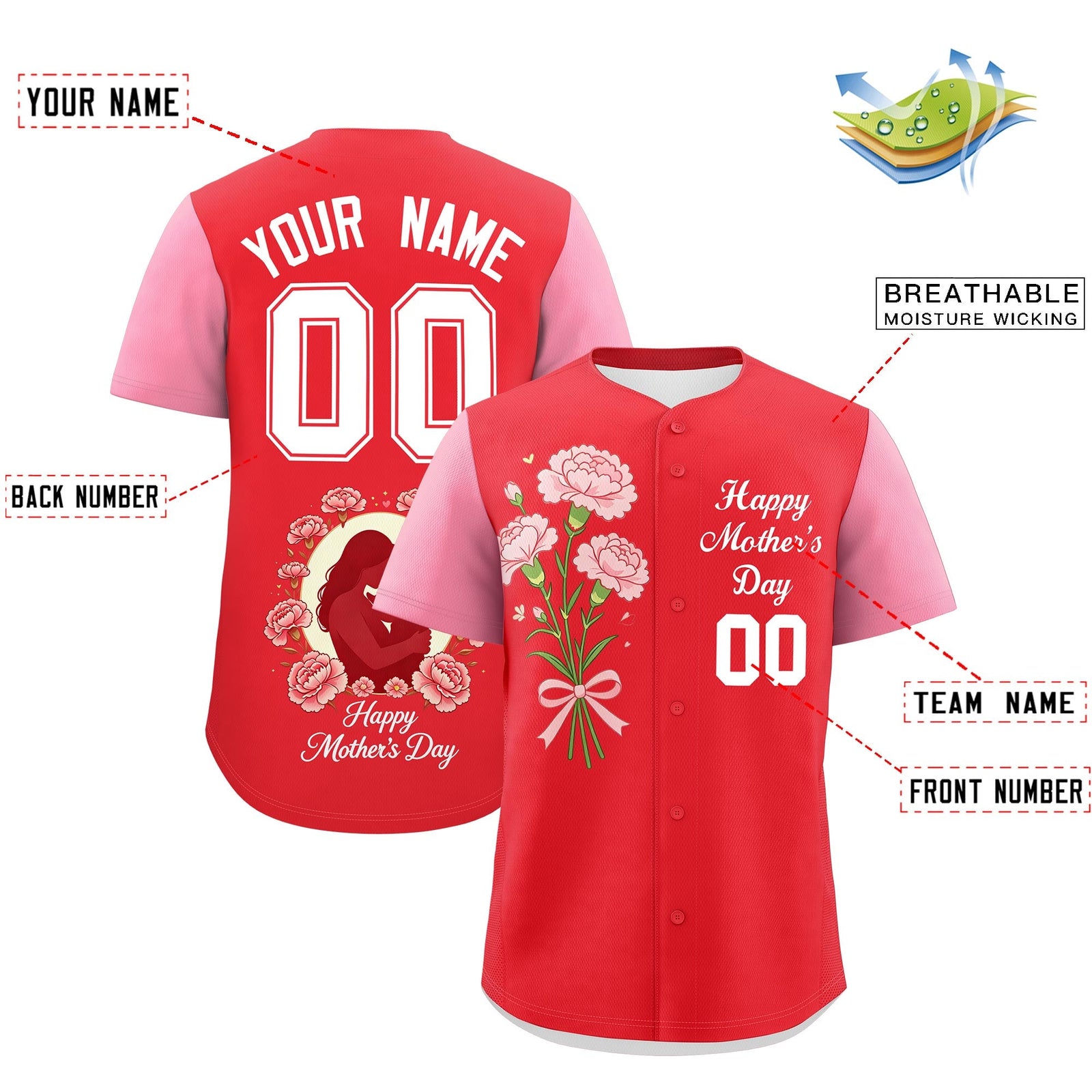 Custom Light Red Light Pink White Mother's Day Style Personalization Breathable Baseball Jersey| KXKSHOP