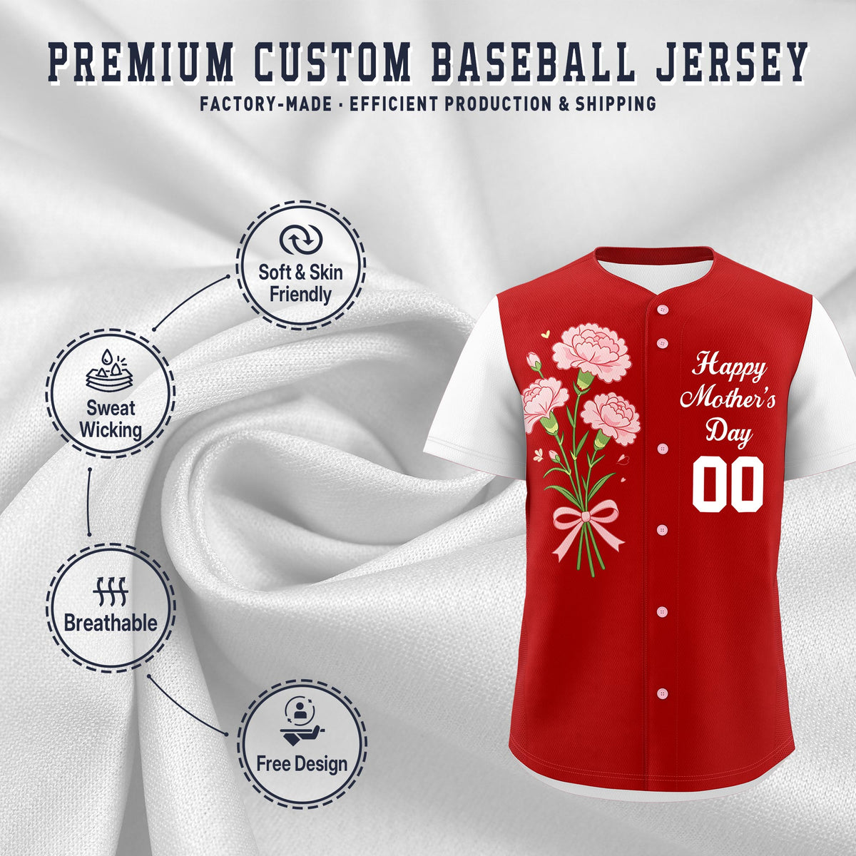 Custom Red White Mother's Day Style Personalization Breathable Baseball Jersey| KXKSHOP