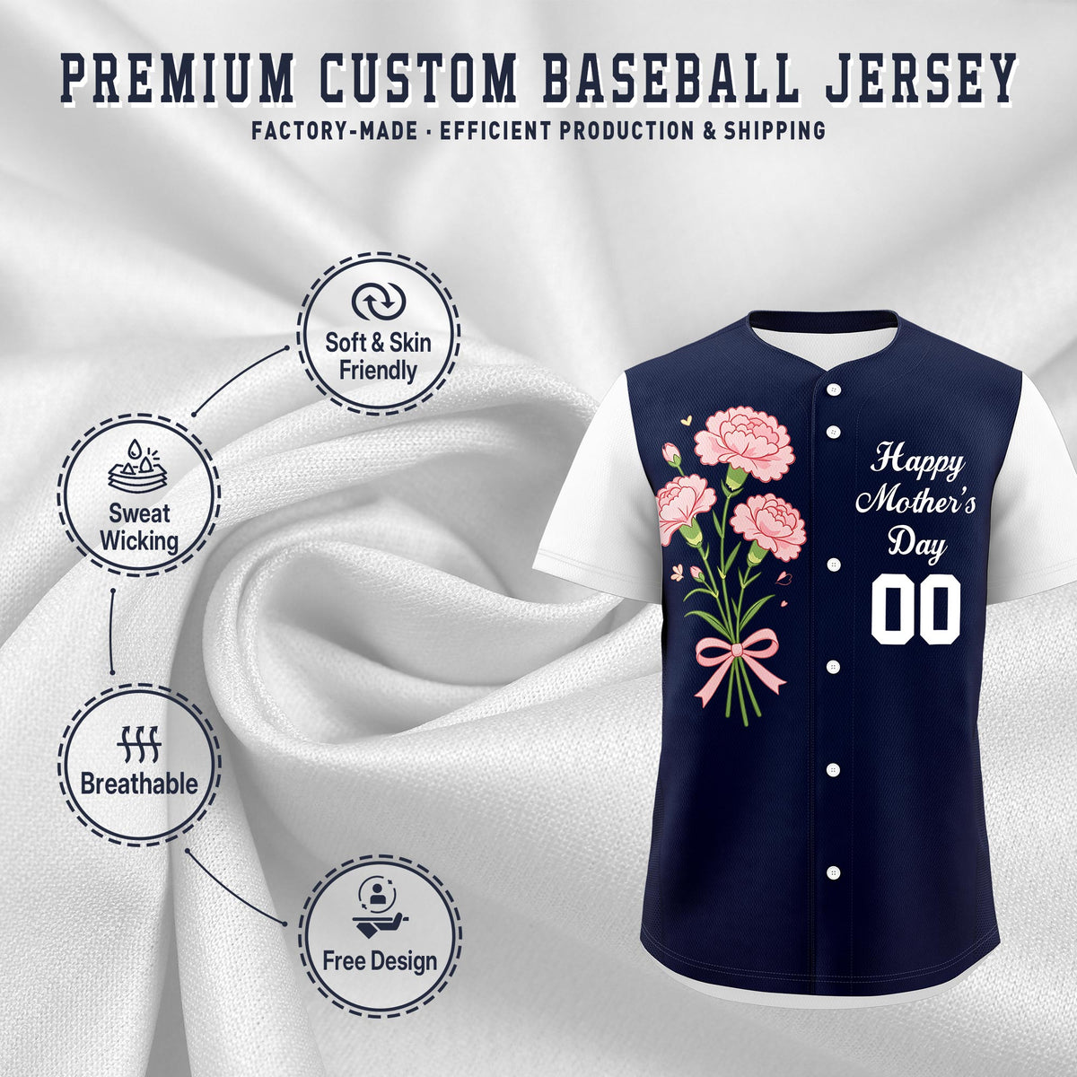 Custom Navy White Mother's Day Style Personalization Wrinkle-Resistant Baseball Jersey| KXKSHOP