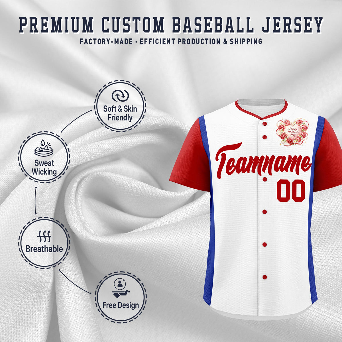 Custom White Red Royal Blue Mother's Day Style Personalization Wrinkle-Resistant Baseball Jersey| KXKSHOP