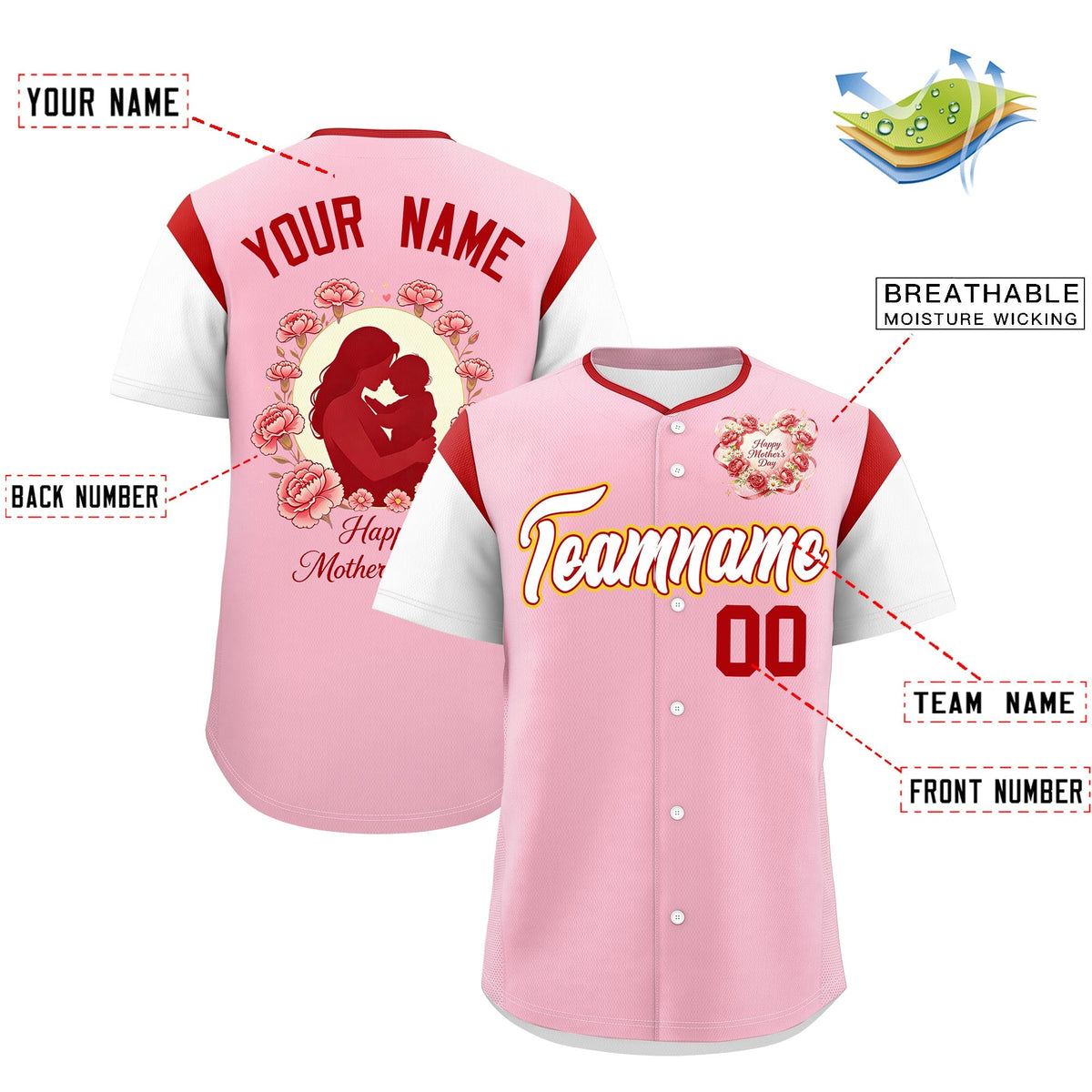 Custom Light Pink White Red Mother's Day Style Personalization Breathable Baseball Jersey| KXKSHOP