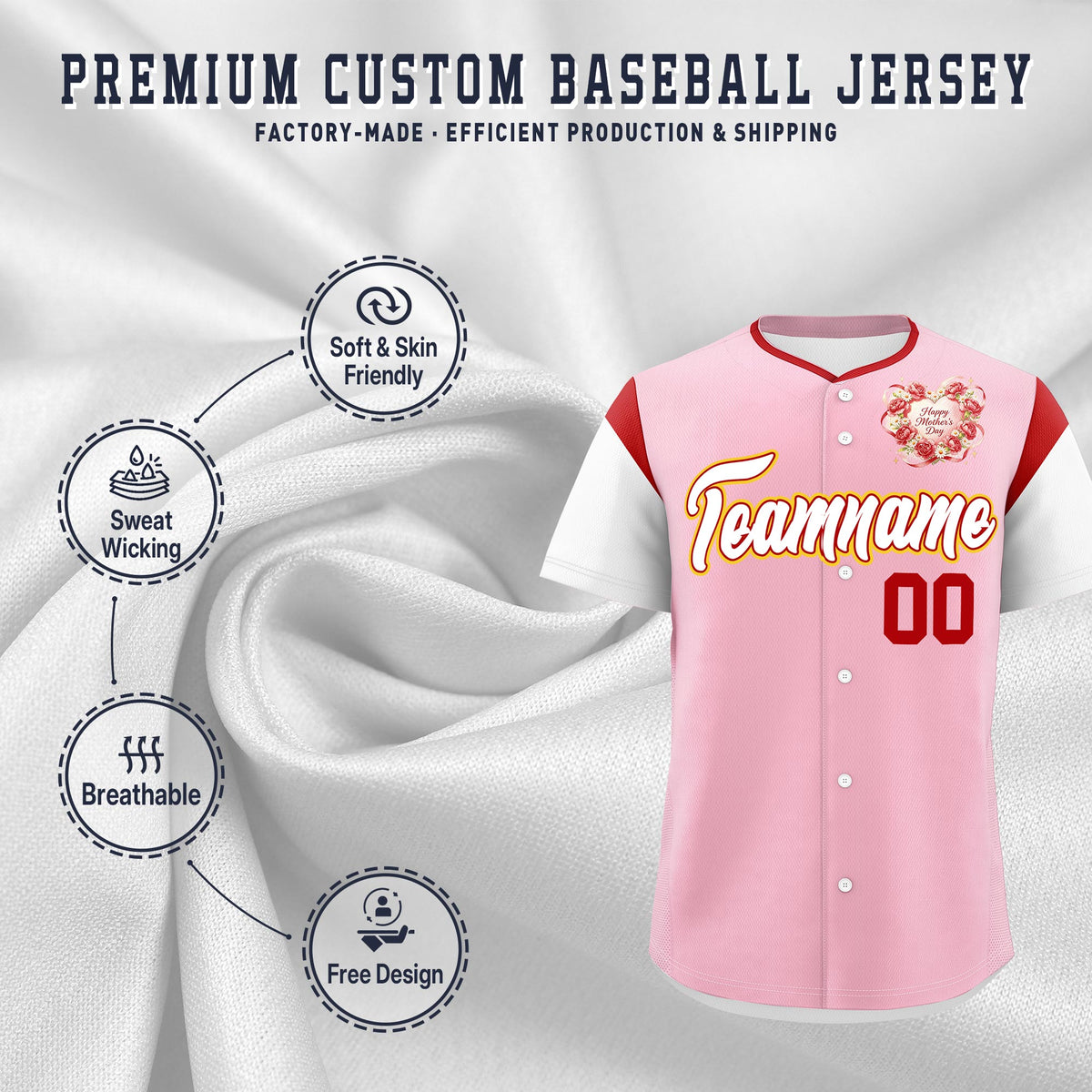 Custom Light Pink White Red Mother's Day Style Personalization Breathable Baseball Jersey| KXKSHOP