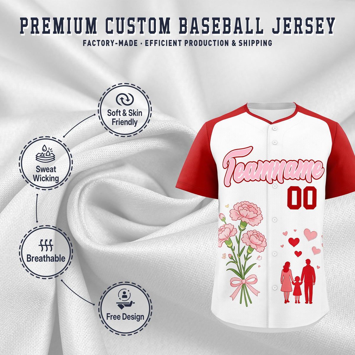 Custom White Red Light Pink Mother's Day Style Personalization Wrinkle-Resistant Baseball Jersey| KXKSHOP