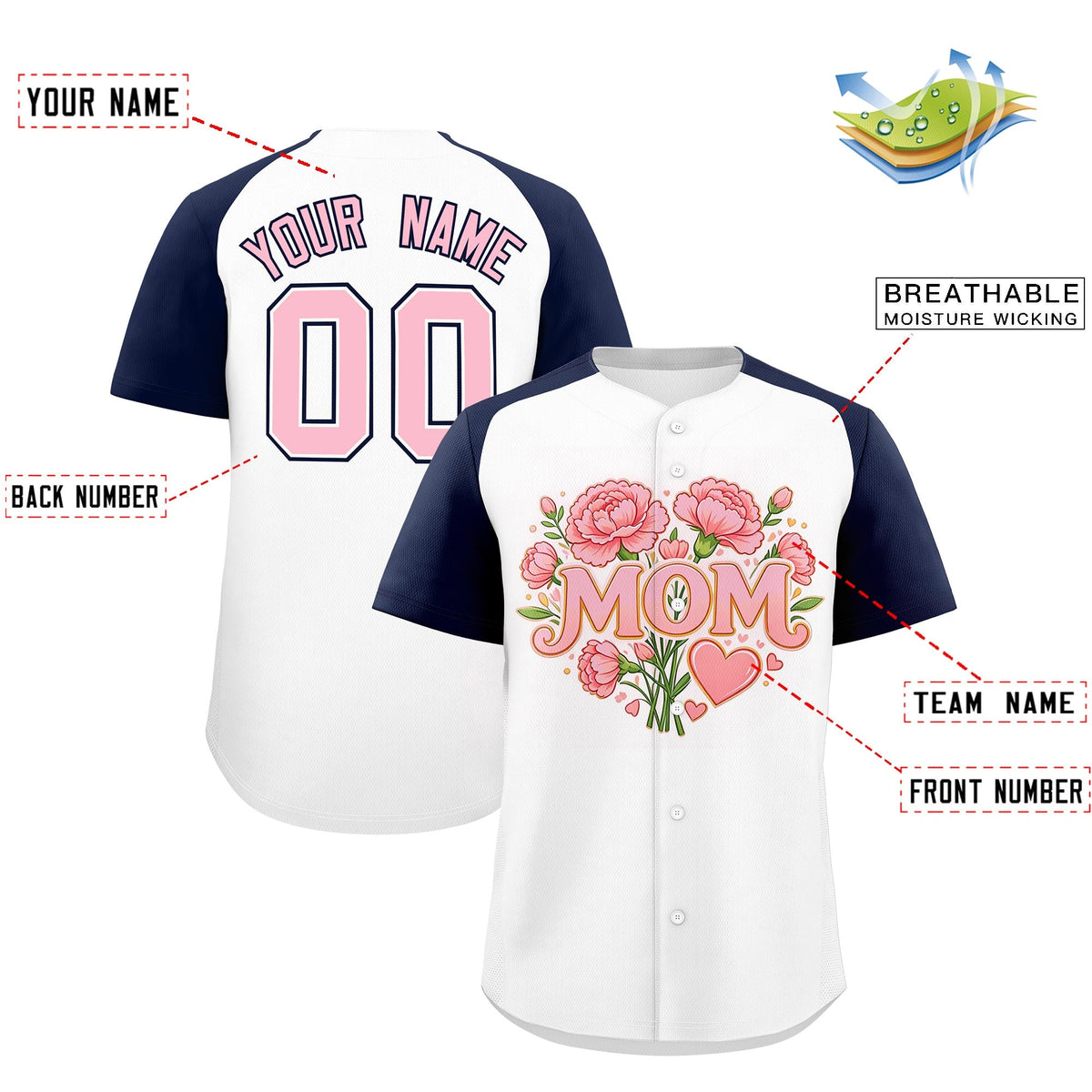 Custom White Navy Light Pink Mother's Day Style Personalization Breathable Baseball Jersey| KXKSHOP