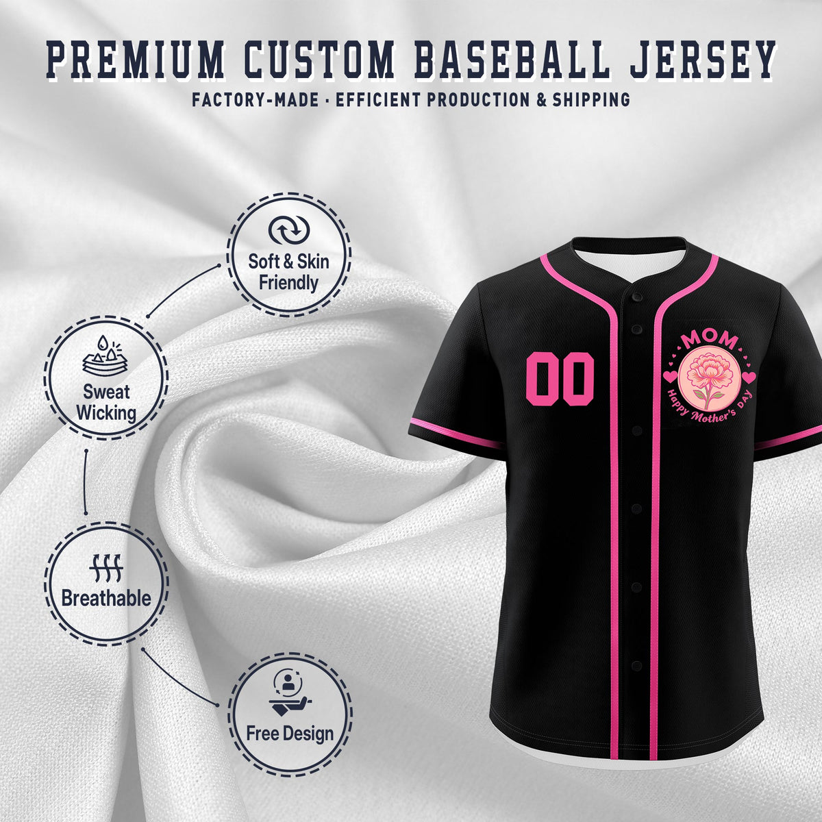 Custom Black Pink Mother's Day Style Personalization Breathable Baseball Jersey| KXKSHOP