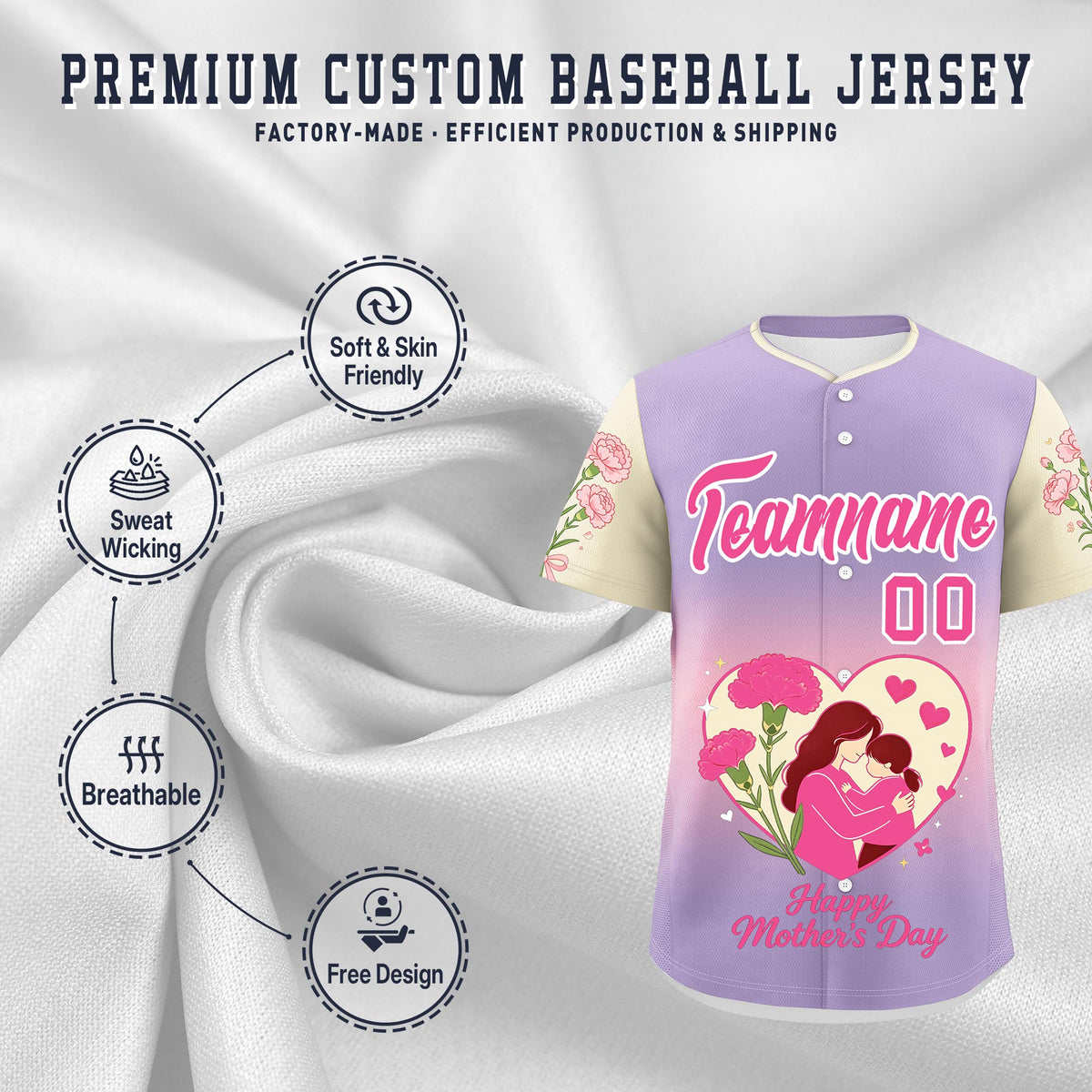 Custom Light Purple Light Pink Light Khaki Mother's Day Style Personalization Wrinkle-Resistant Baseball Jersey| KXKSHOP