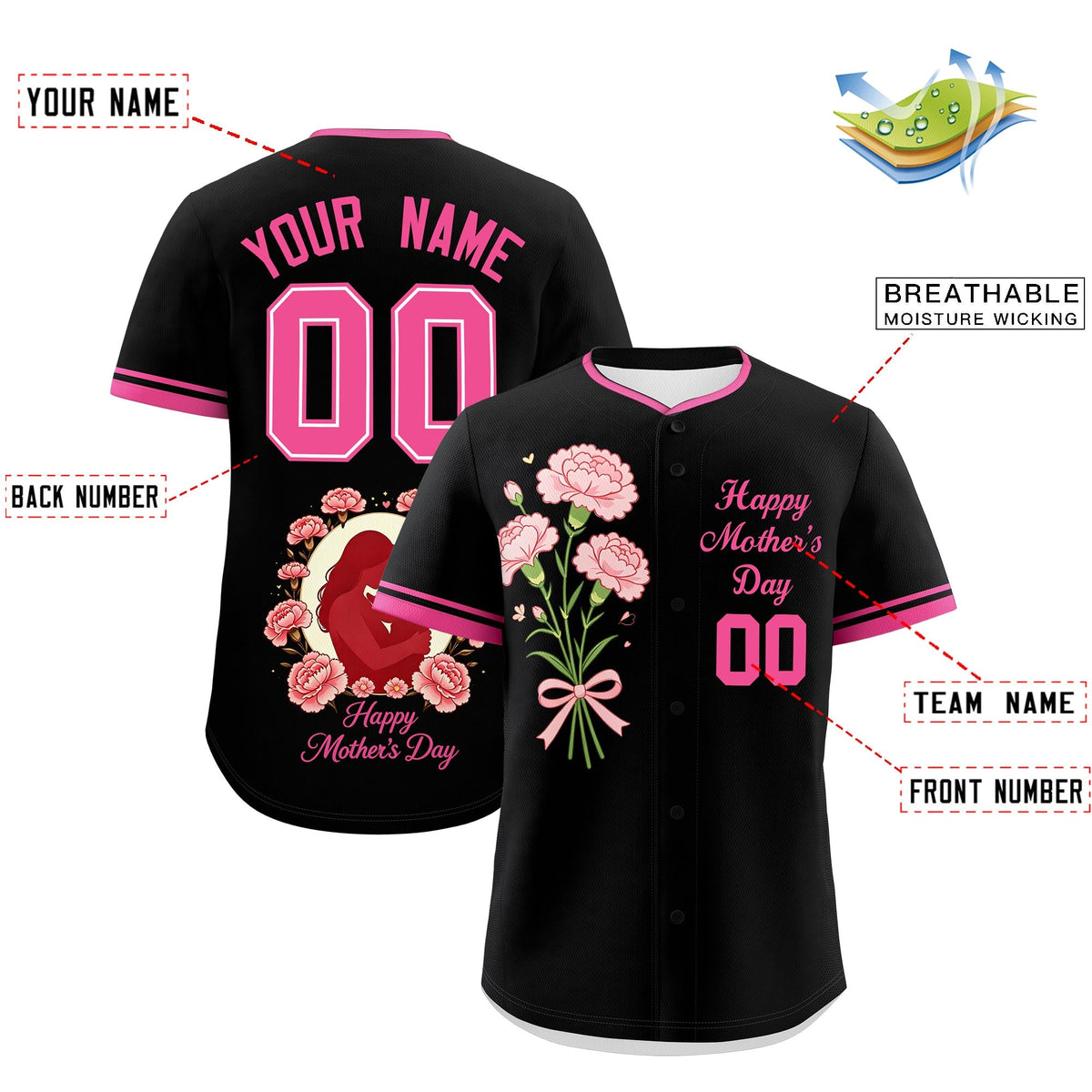 Custom Black Pink Mother's Day Style Personalization Breathable Baseball Jersey| KXKSHOP