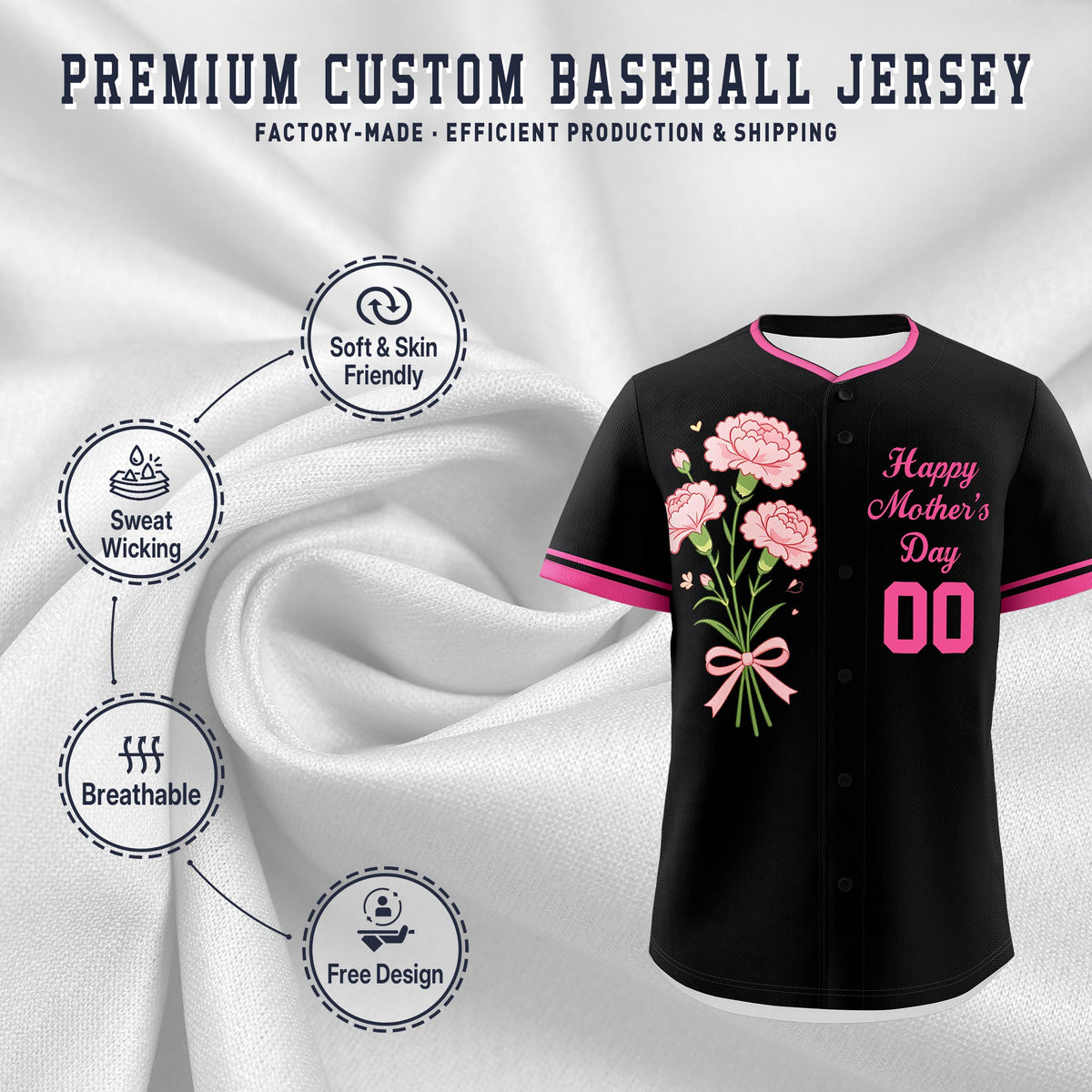 Custom Black Pink Mother's Day Style Personalization Breathable Baseball Jersey| KXKSHOP