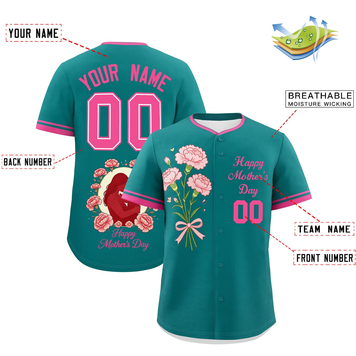 Custom Teal Pink Mother's Day Style Personalization Breathable Baseball Jersey| KXKSHOP