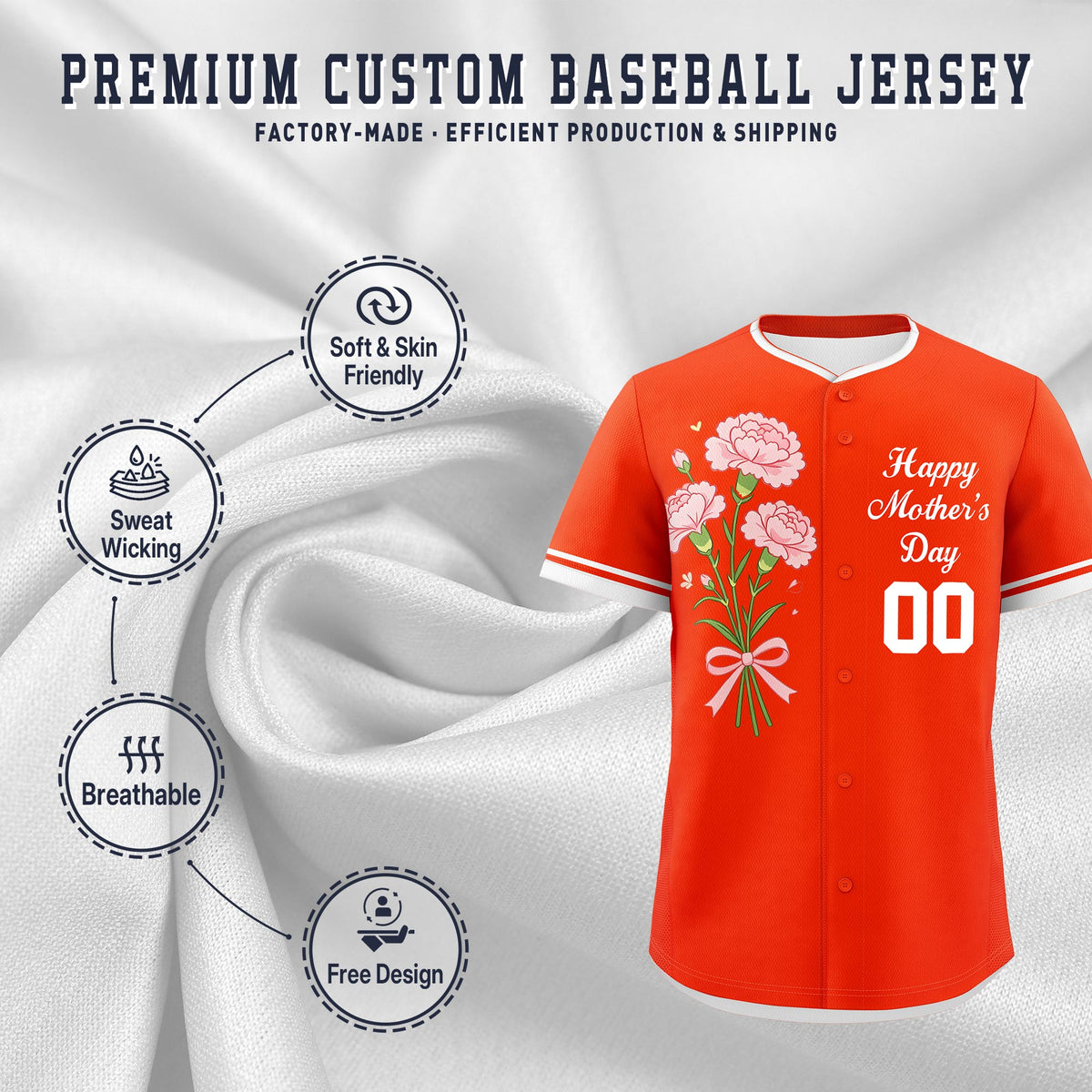 Custom Orange White Mother's Day Style Personalization Wrinkle-Resistant Baseball Jersey| KXKSHOP