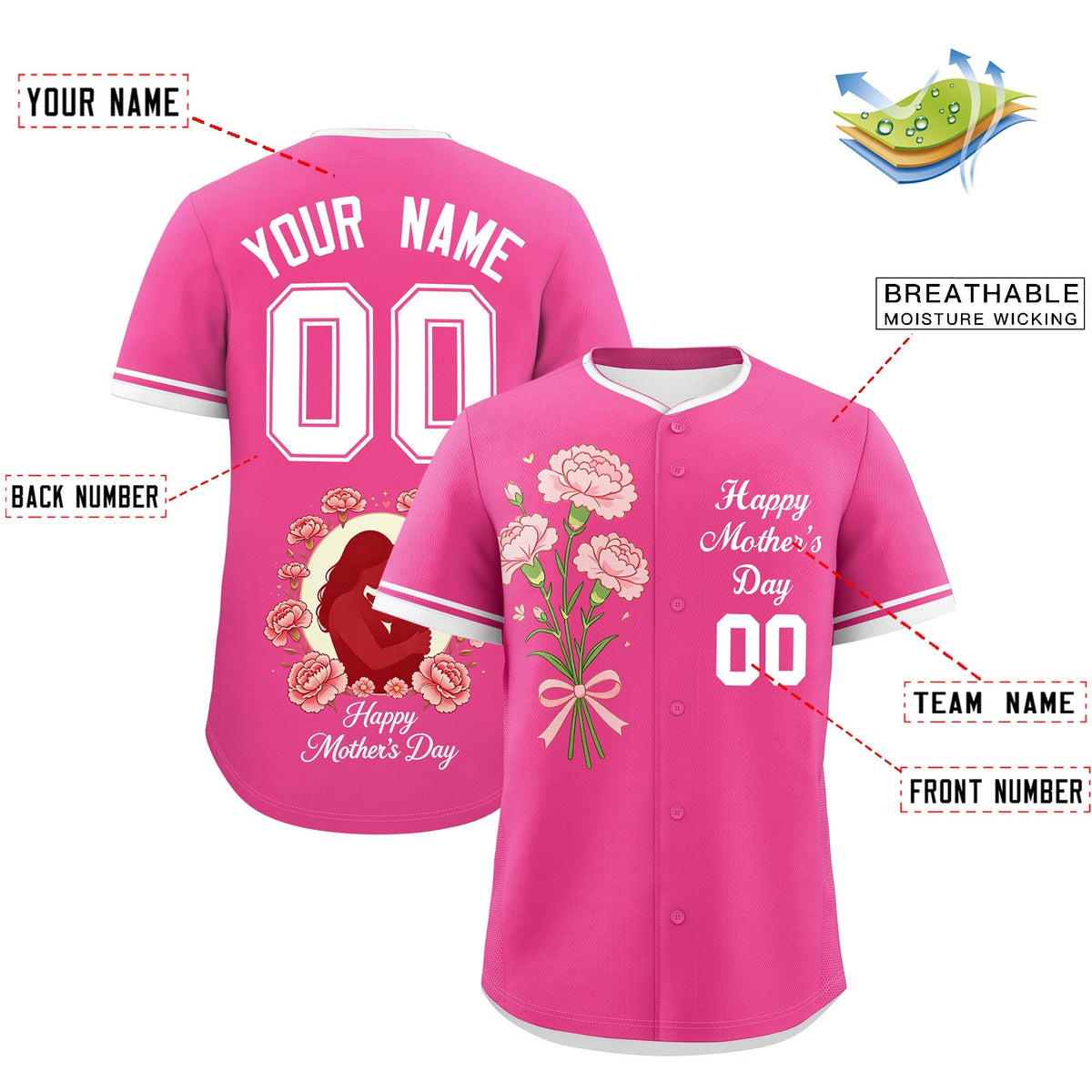 Custom Pink White Mother's Day Style Personalization Wrinkle-Resistant Baseball Jersey| KXKSHOP