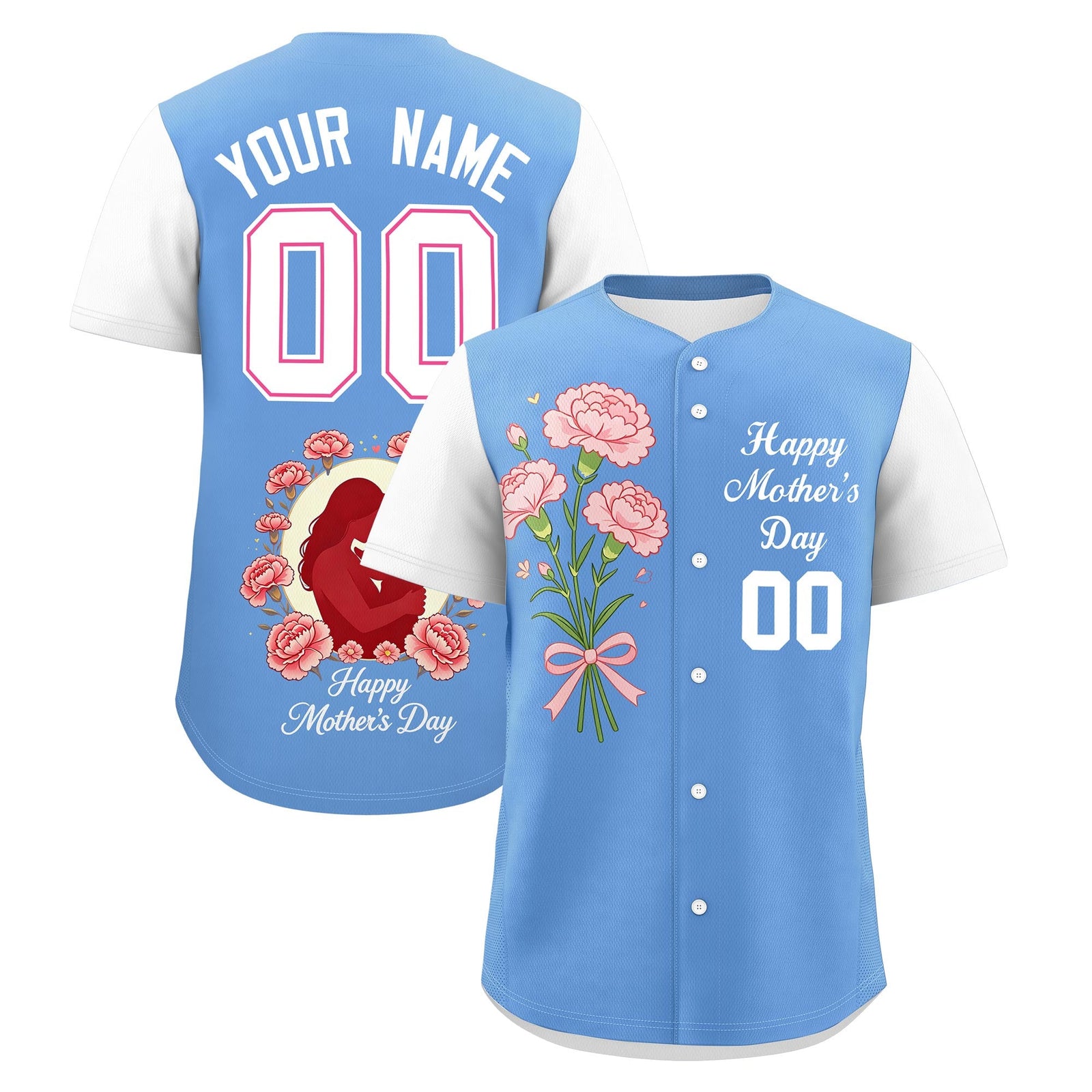 Custom Light Blue White Mother's Day Style Personalization Breathable Baseball Jersey| KXKSHOP