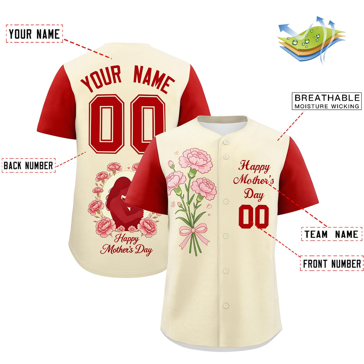 Custom Light Khaki Red Mother's Day Style Personalization Breathable Baseball Jersey| KXKSHOP