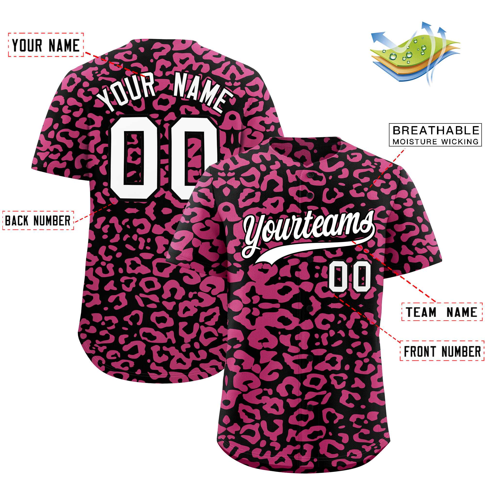 Custom Black Pink Leopard Print Pattern Authentic Baseball Jersey