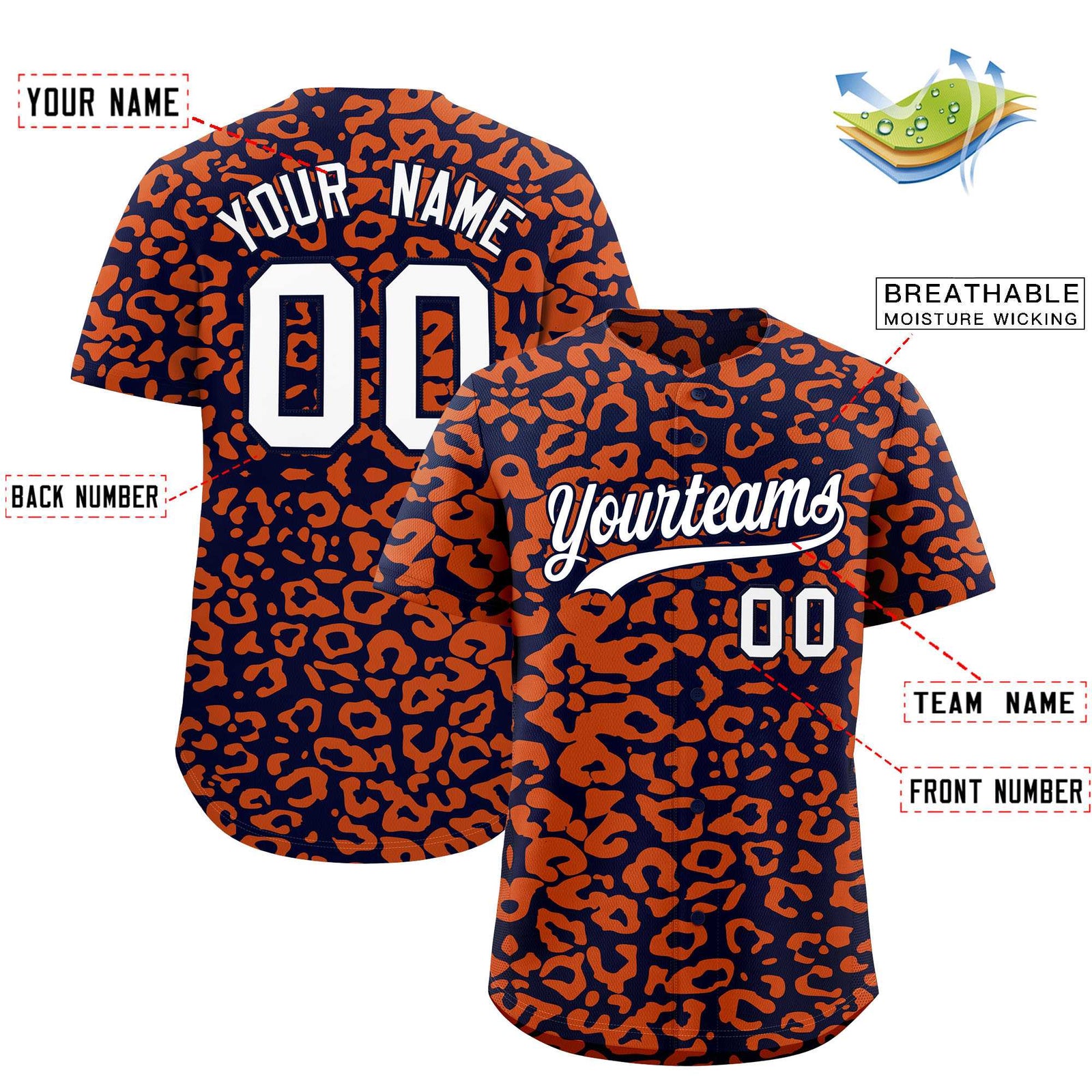 Custom Navy Orange Leopard Print Pattern Authentic Baseball Jersey