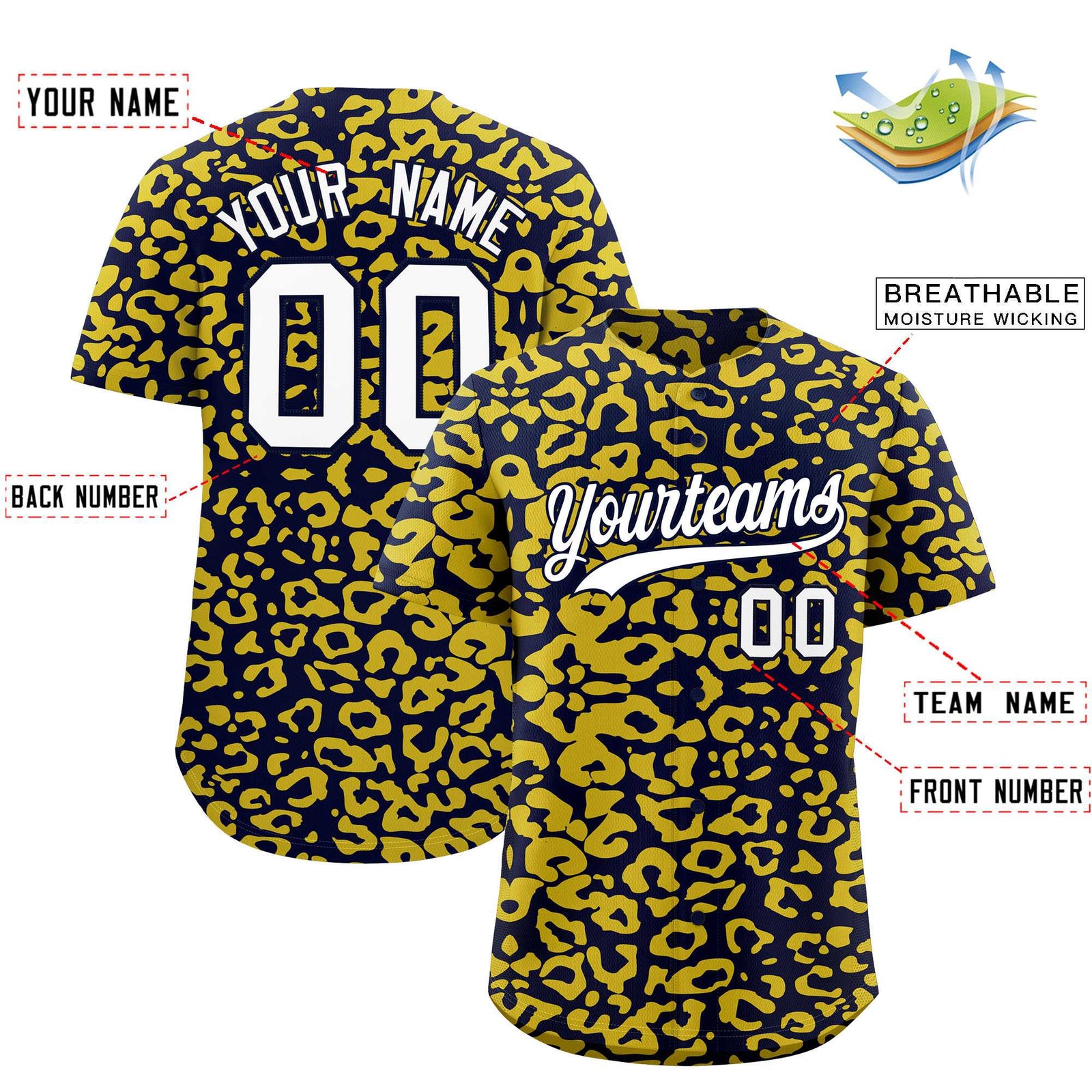 Custom Navy Gold Leopard Print Pattern Authentic Baseball Jersey