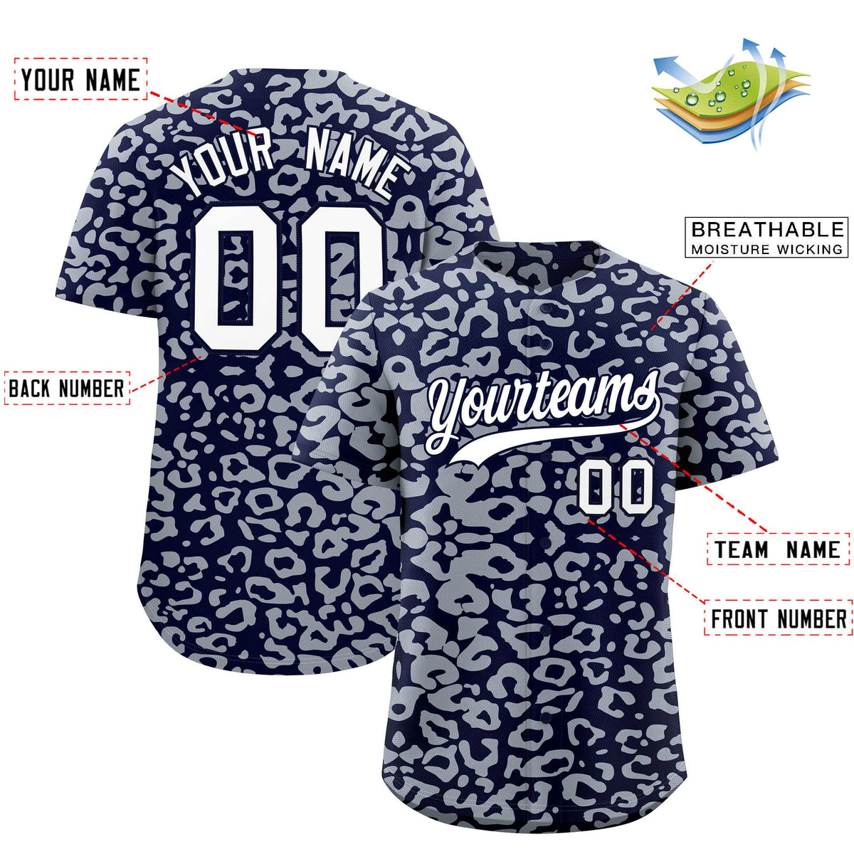 Custom Navy Silver Leopard Print Pattern Authentic Baseball Jersey