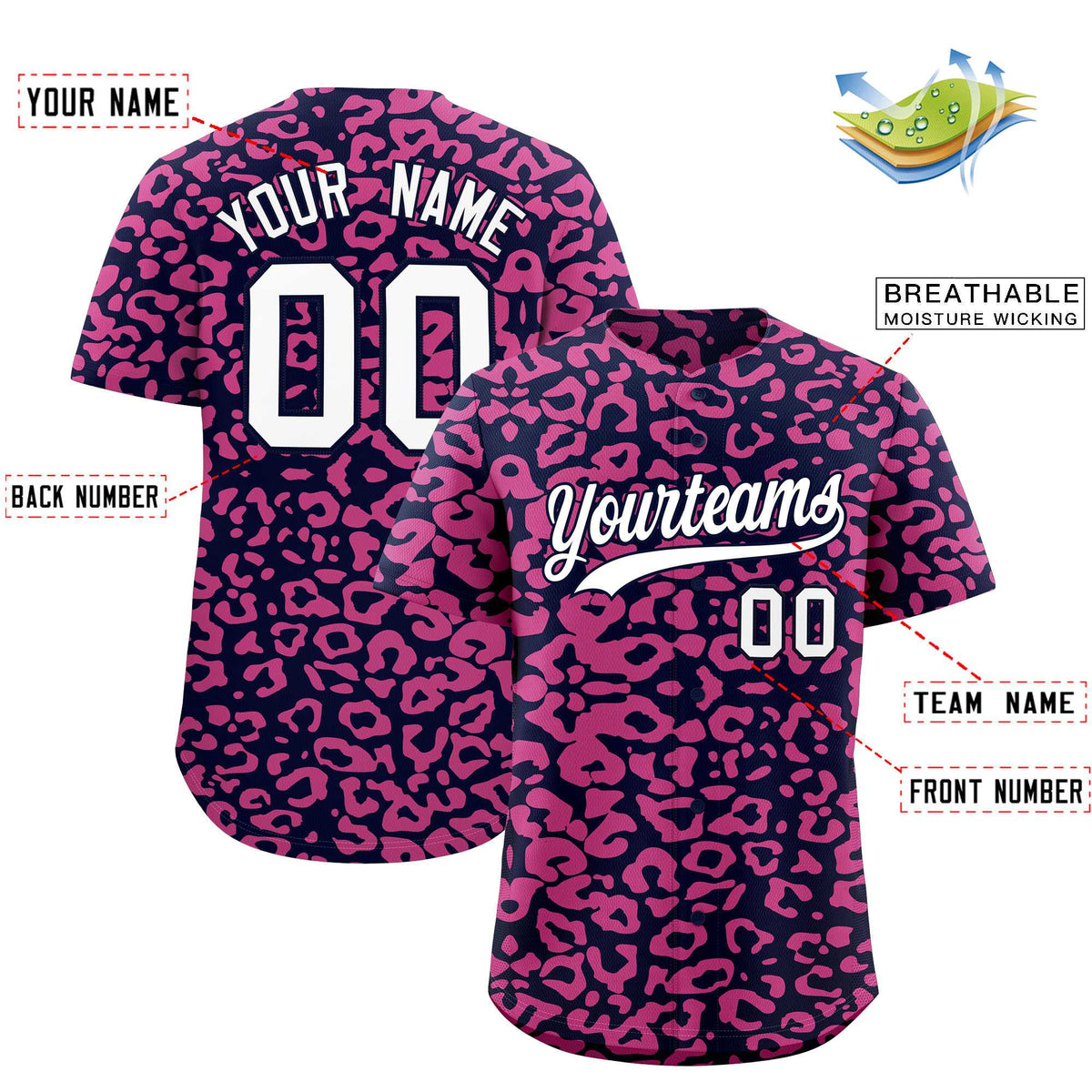 Custom Navy Pink Leopard Print Pattern Authentic Baseball Jersey