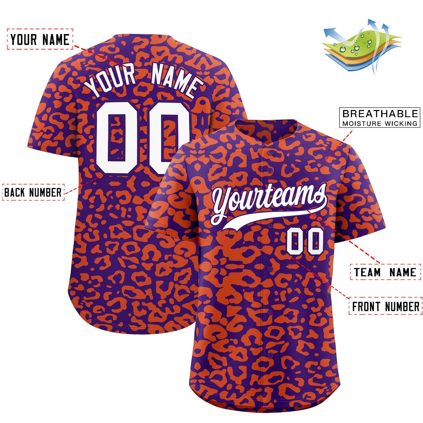 Custom Purple Orange Leopard Print Pattern Authentic Baseball Jersey