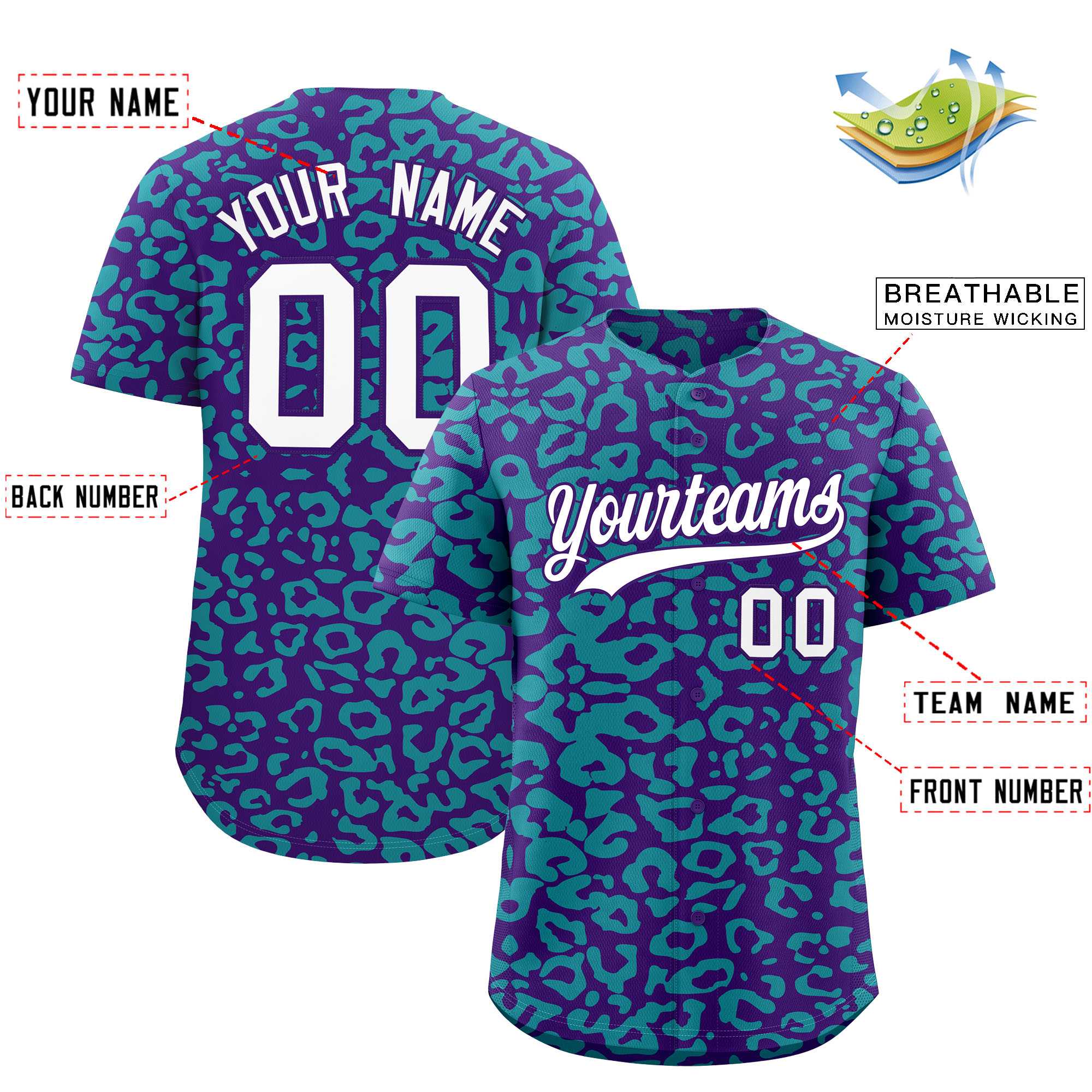 Custom Purple Aqua Leopard Print Pattern Authentic Baseball Jersey