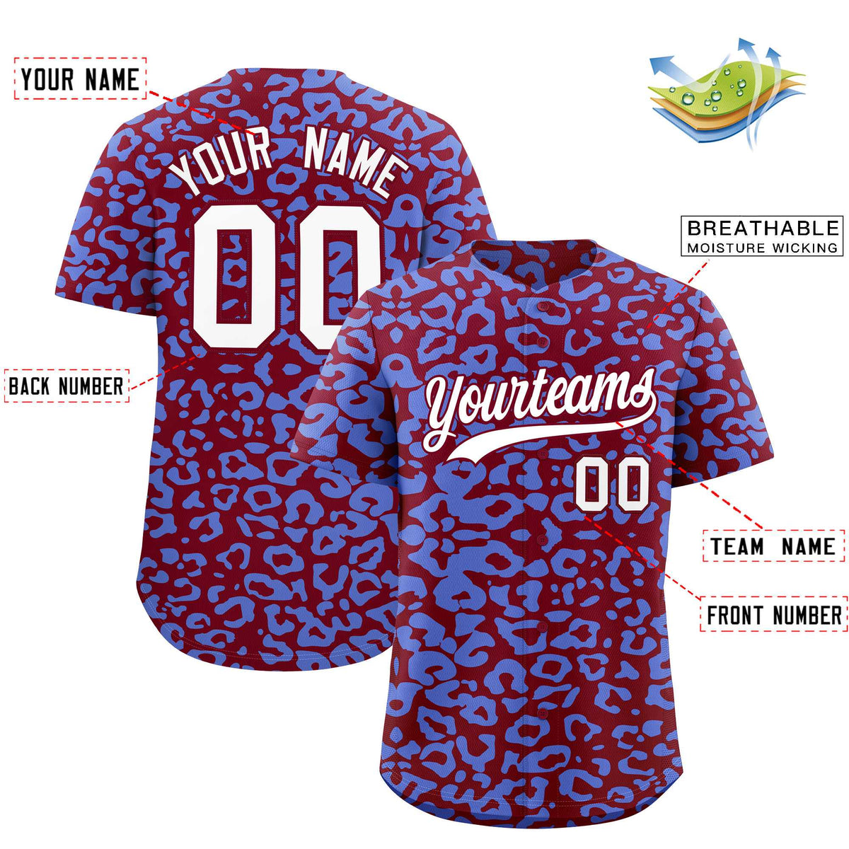 Custom Crimson Light Blue Leopard Print Pattern Authentic Baseball Jersey