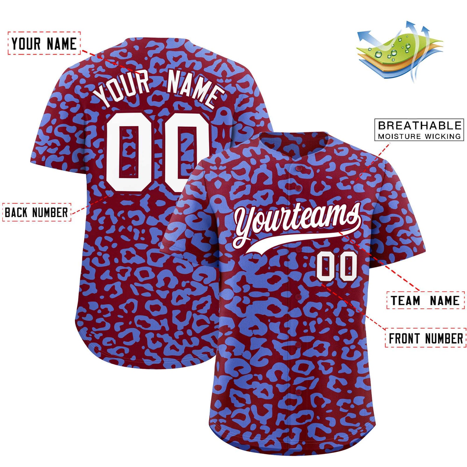 Custom Crimson Light Blue Leopard Print Pattern Authentic Baseball Jersey