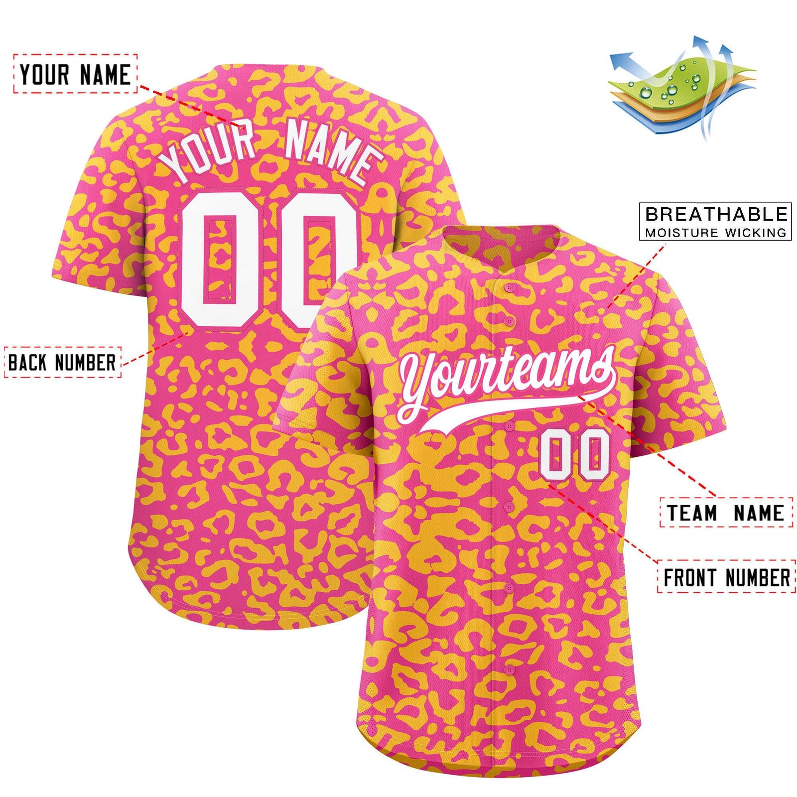 Custom Pink Gold Leopard Print Pattern Authentic Baseball Jersey