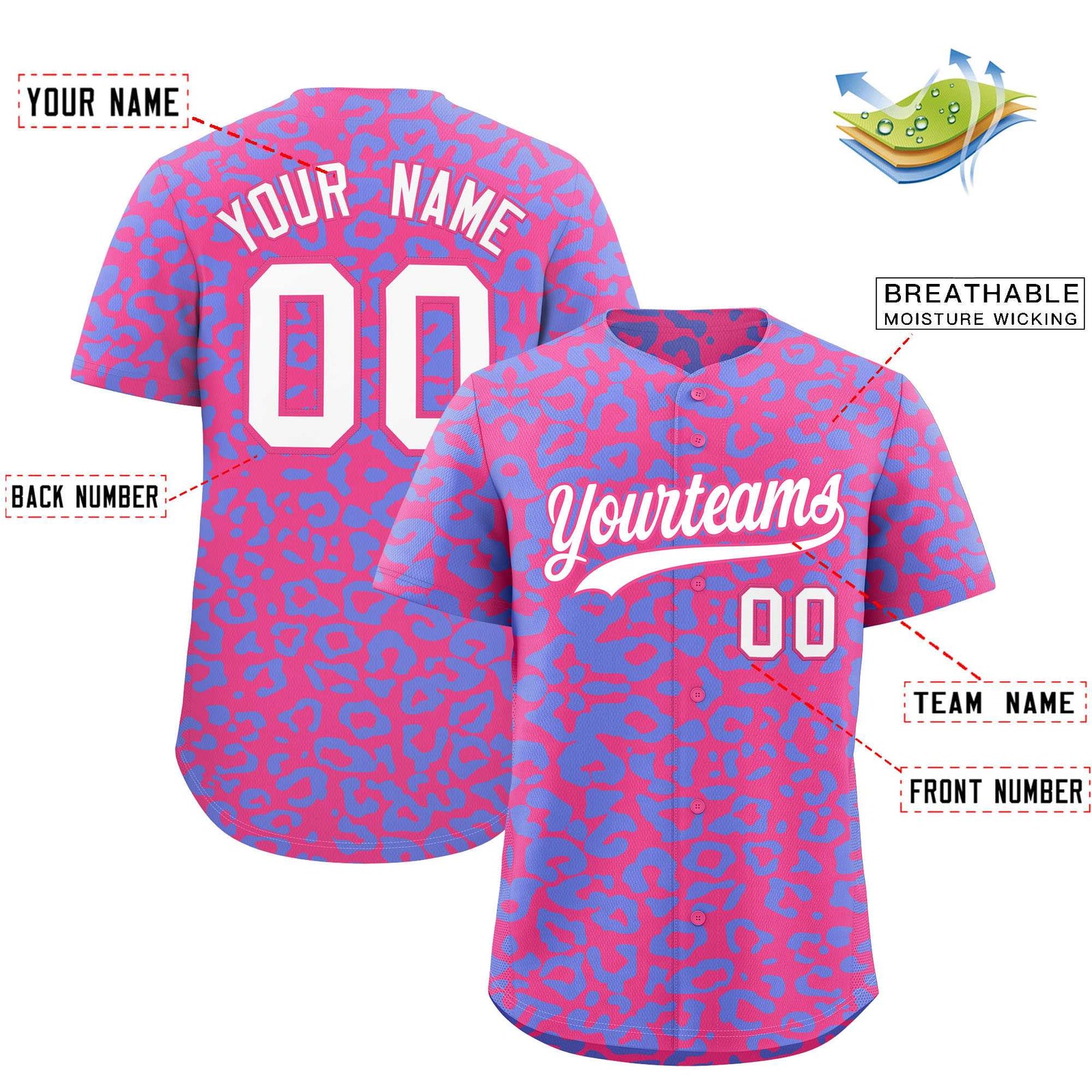 Custom Pink Light Blue Leopard Print Pattern Authentic Baseball Jersey
