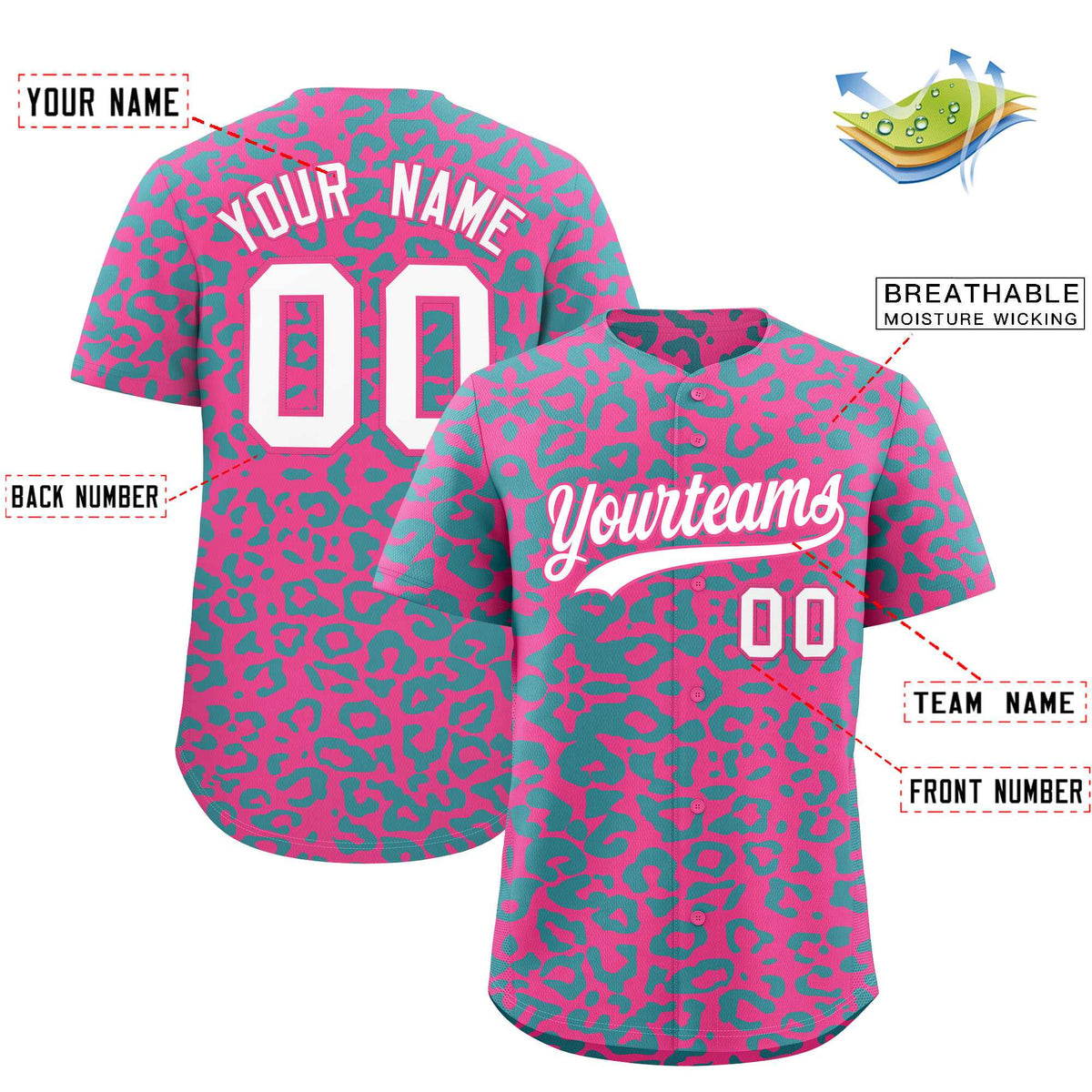 Custom Pink Aqua Leopard Print Pattern Authentic Baseball Jersey
