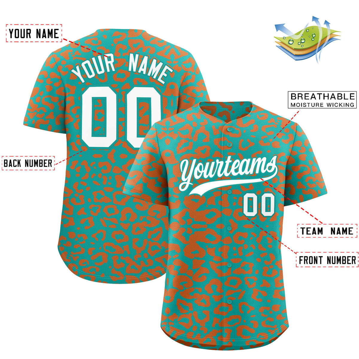 Custom Aqua Orange Leopard Print Pattern Authentic Baseball Jersey