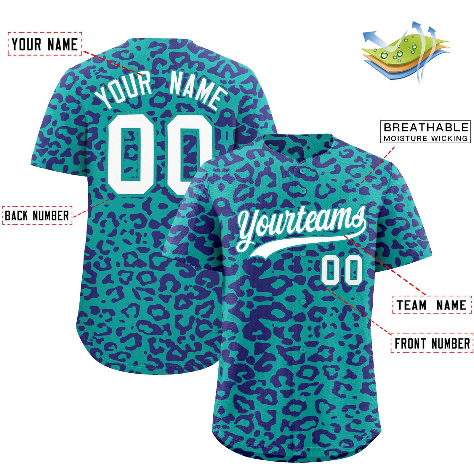 Custom Aqua Purple Leopard Print Pattern Authentic Baseball Jersey