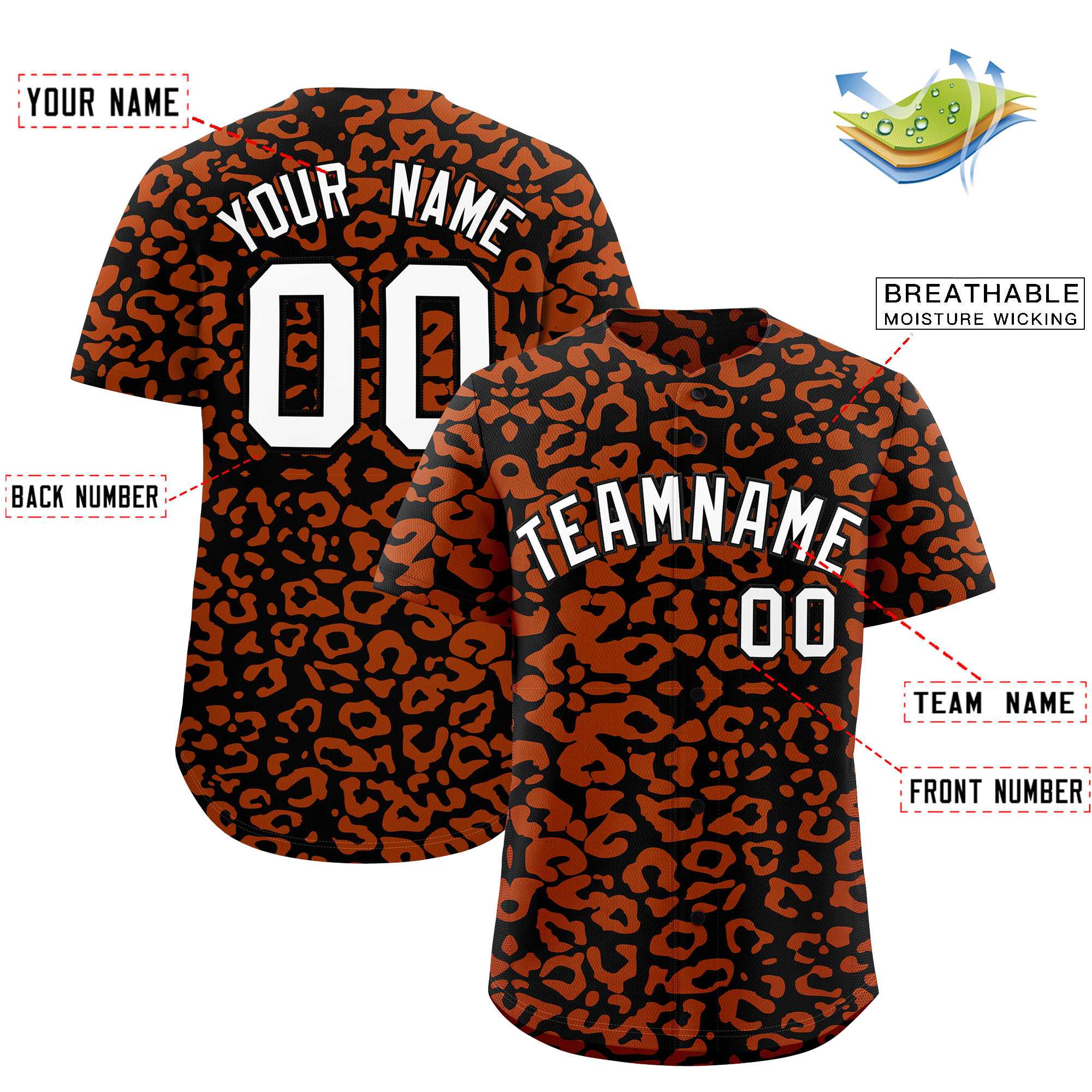 Custom Black Texas Orange Leopard Print Pattern Authentic Baseball Jersey