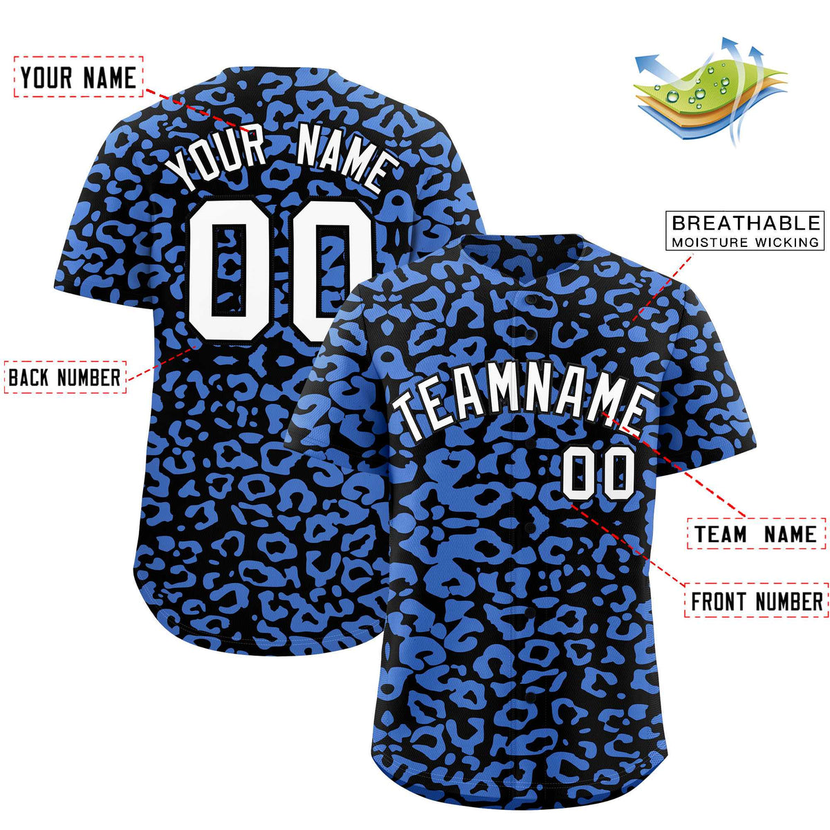 Custom Black Light Blue Leopard Print Pattern Authentic Baseball Jersey