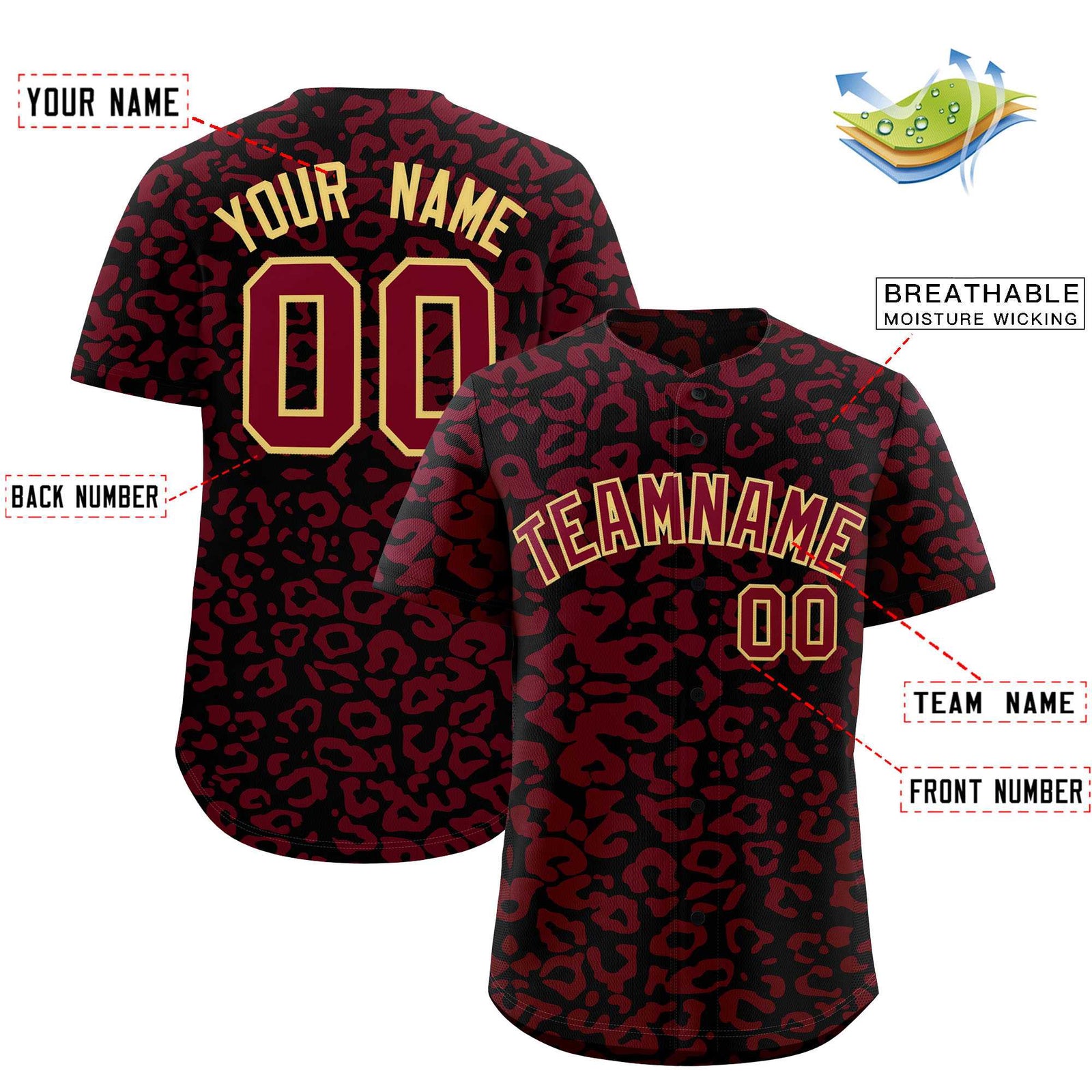Custom Black Crimson Leopard Print Pattern Authentic Baseball Jersey