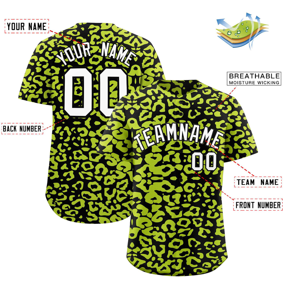 Custom Black Fluorescent Green Leopard Print Pattern Authentic Baseball Jersey
