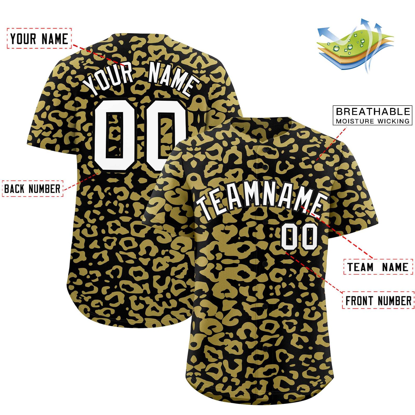 Custom Black Old Gold Leopard Print Pattern Authentic Baseball Jersey