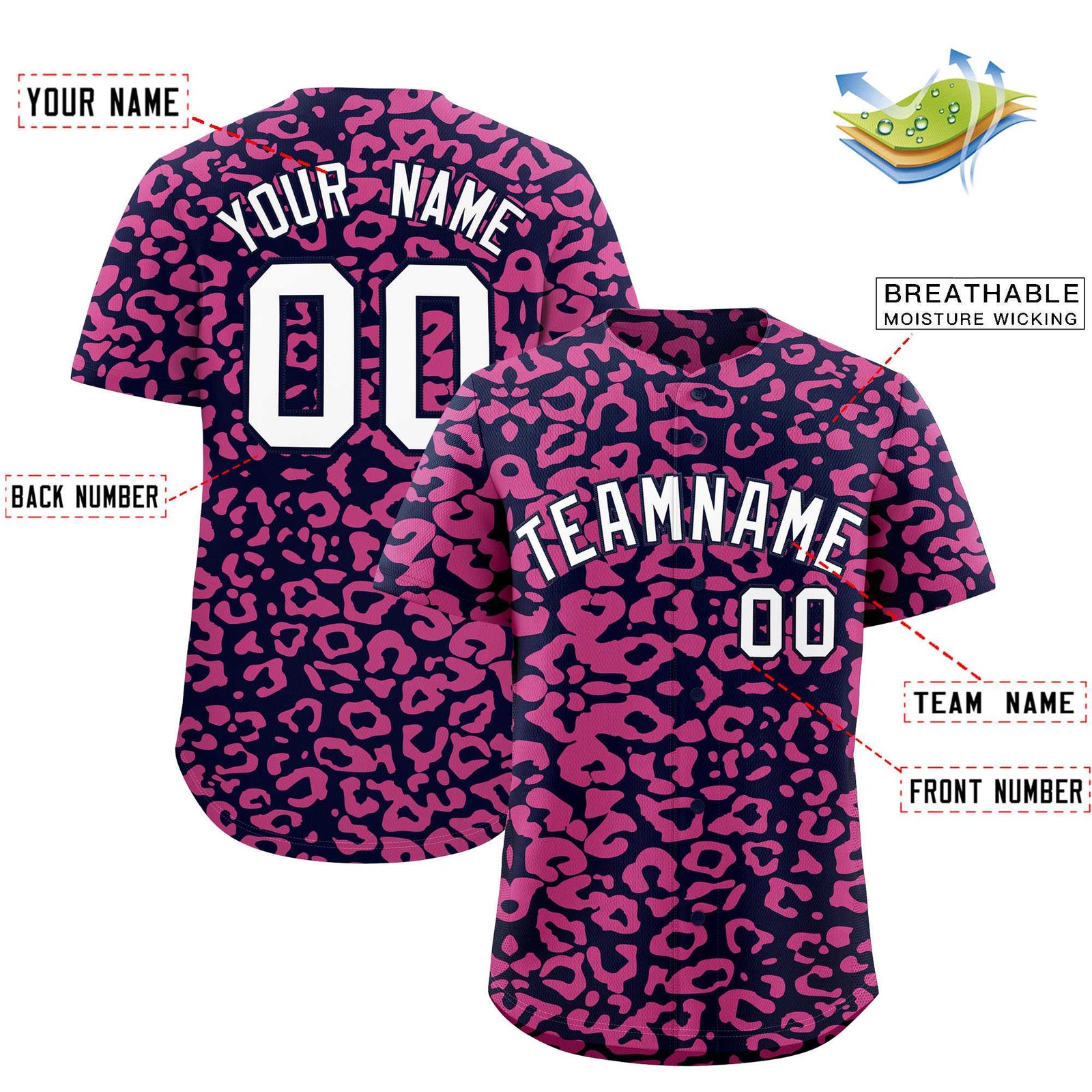 Custom Navy Pink Leopard Print Pattern Authentic Baseball Jersey
