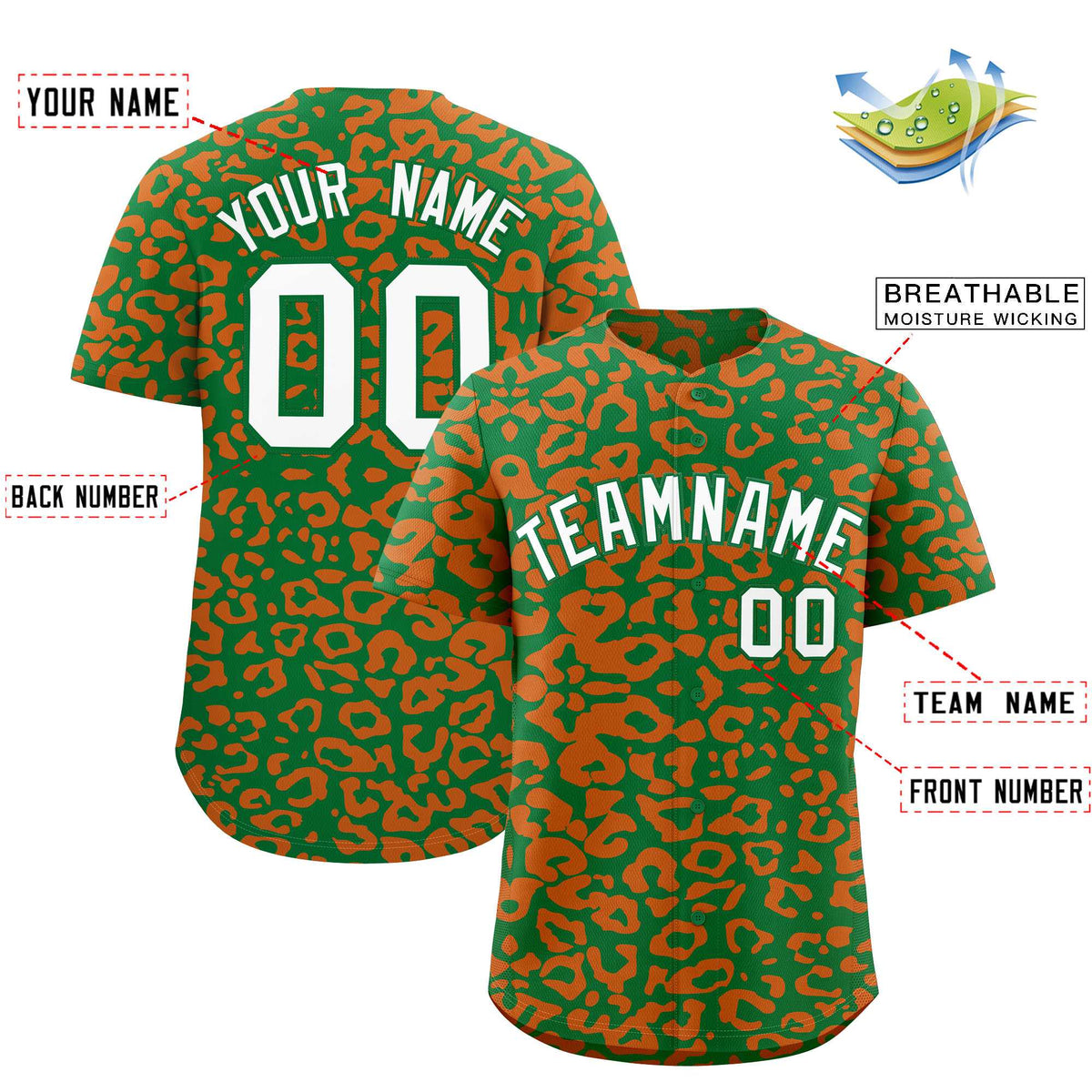 Custom Kelly Green Orange Leopard Print Pattern Authentic Baseball Jersey