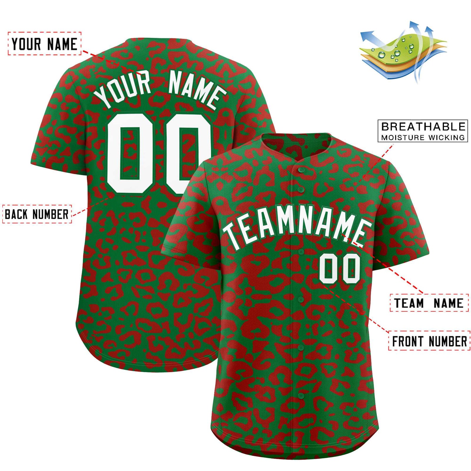 Custom Kelly Green Red Leopard Print Pattern Authentic Baseball Jersey
