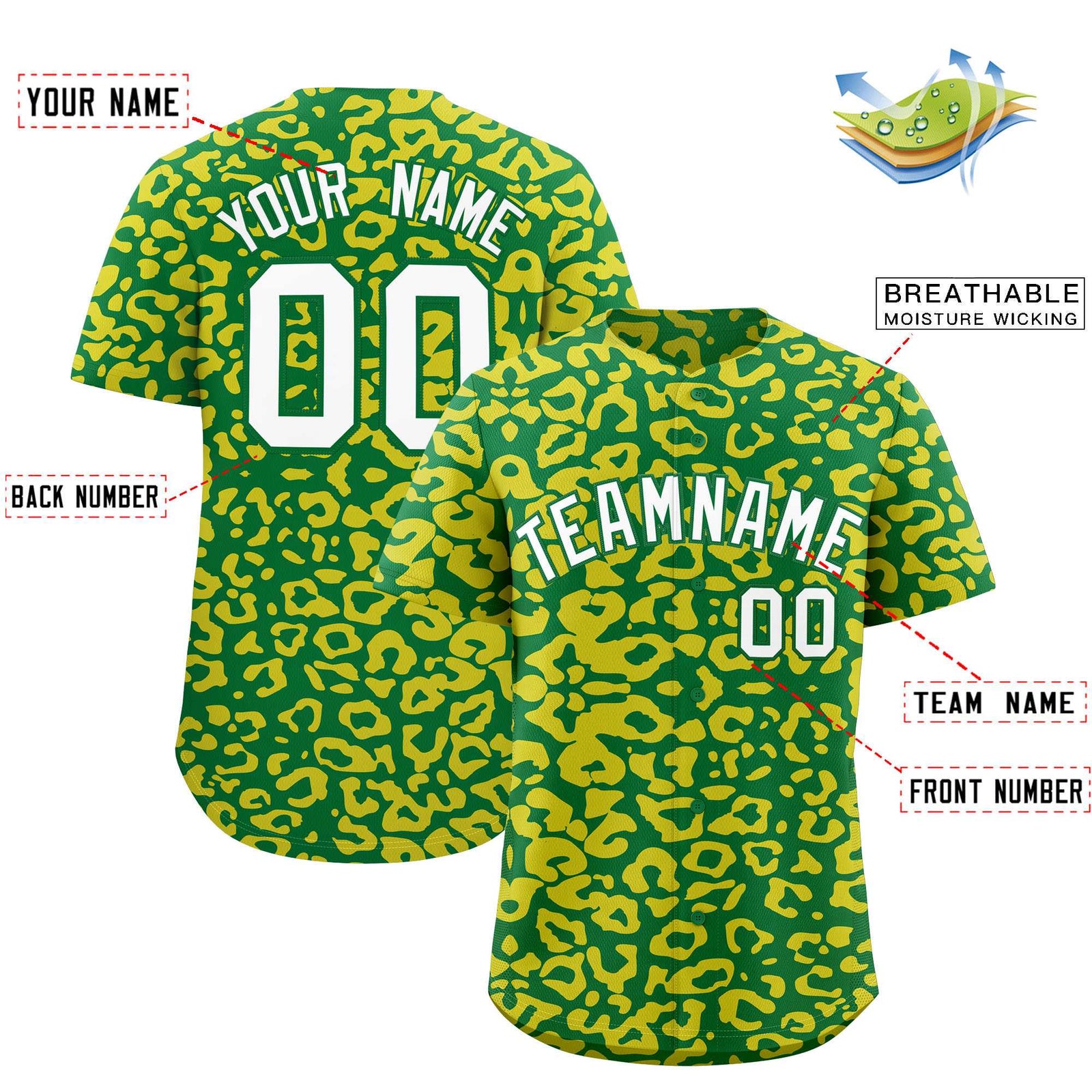 Custom Kelly Green Gold Leopard Print Pattern Authentic Baseball Jersey