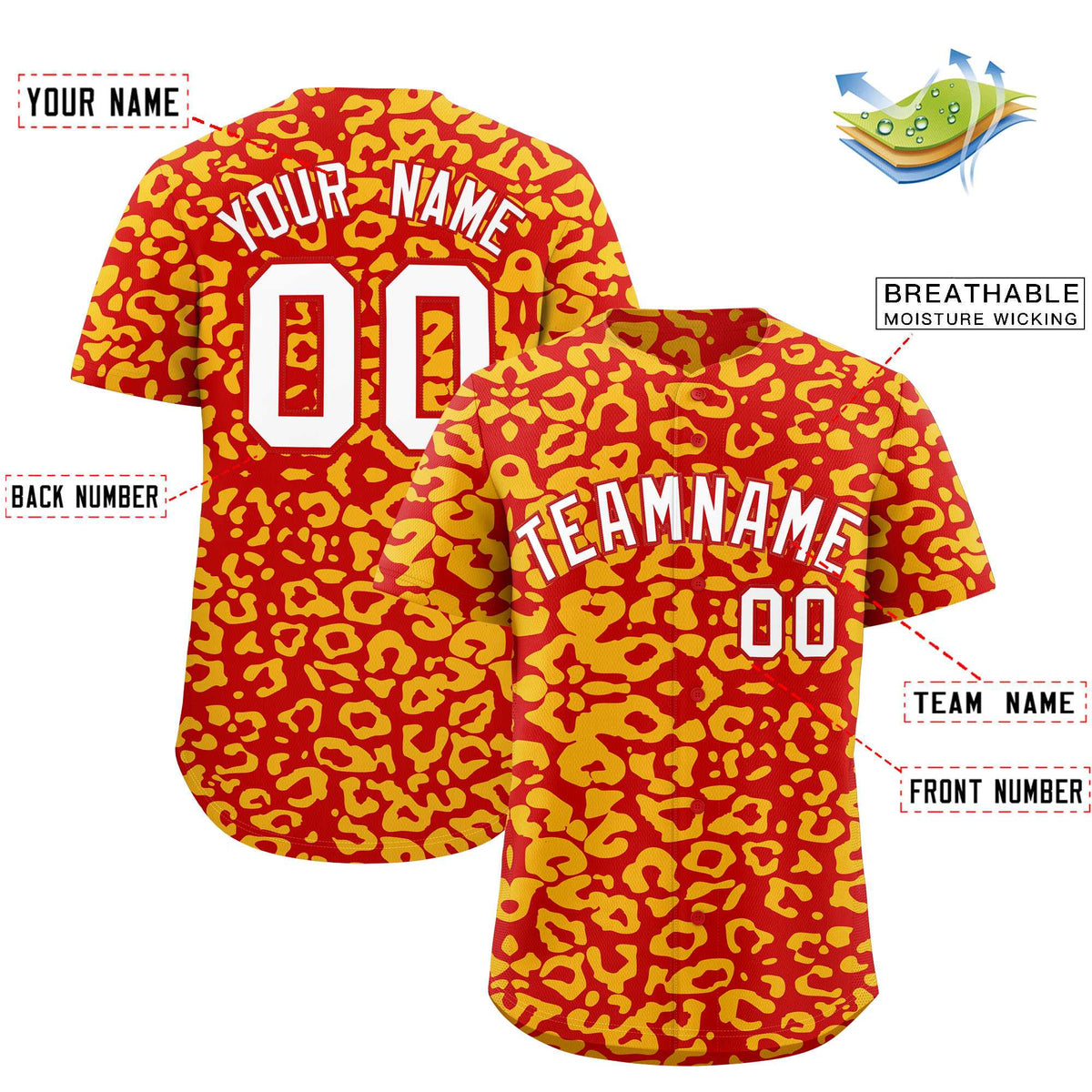 Custom Red Gold Leopard Print Pattern Authentic Baseball Jersey