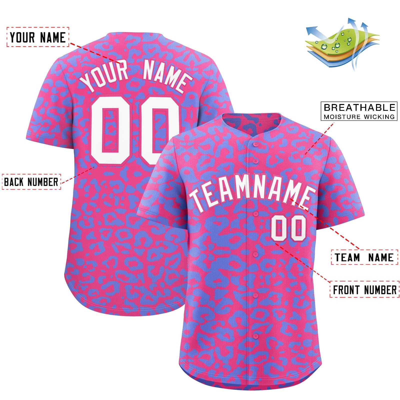 Custom Pink Light Blue Leopard Print Pattern Authentic Baseball Jersey