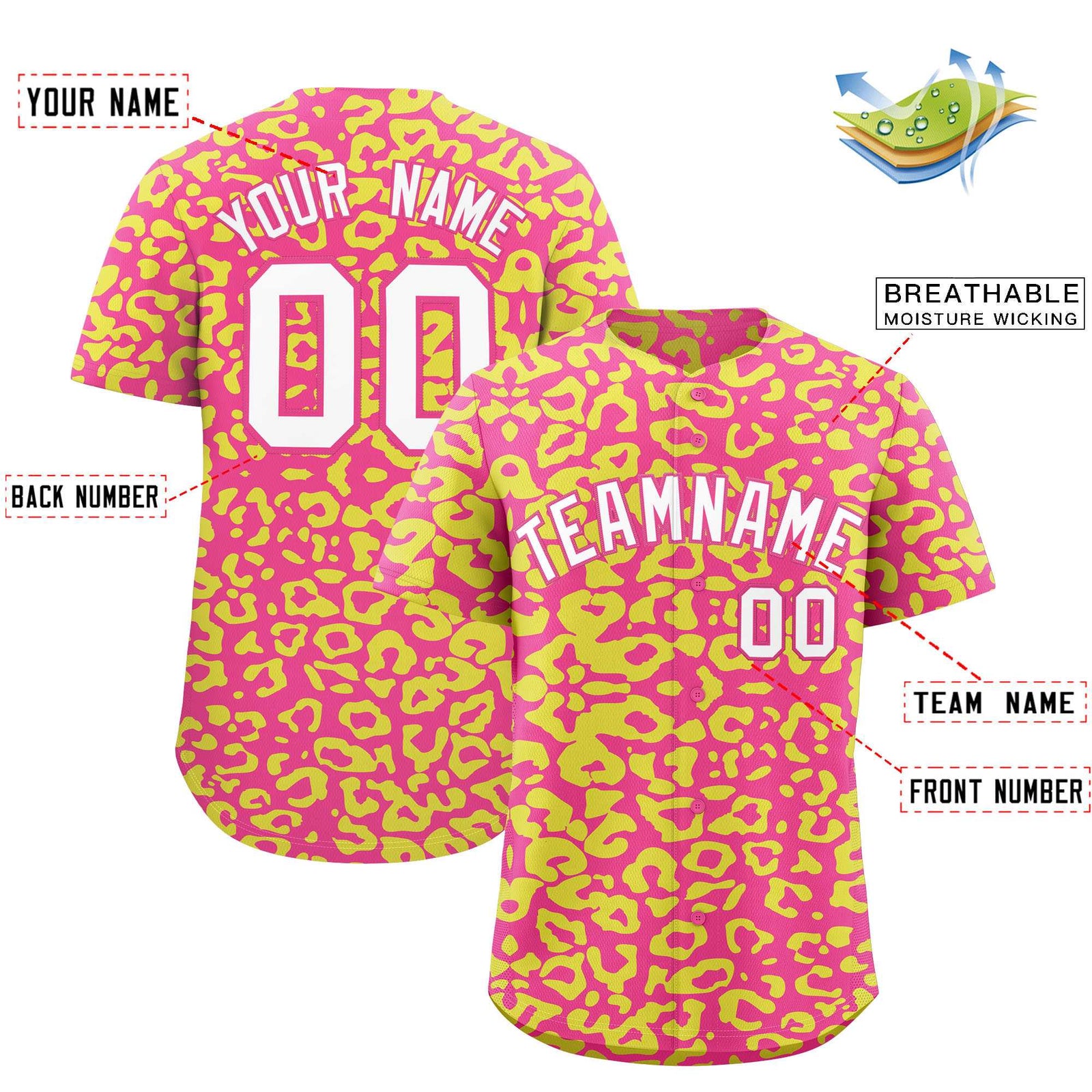 Custom Pink Fluorescent Green Leopard Print Pattern Authentic Baseball Jersey