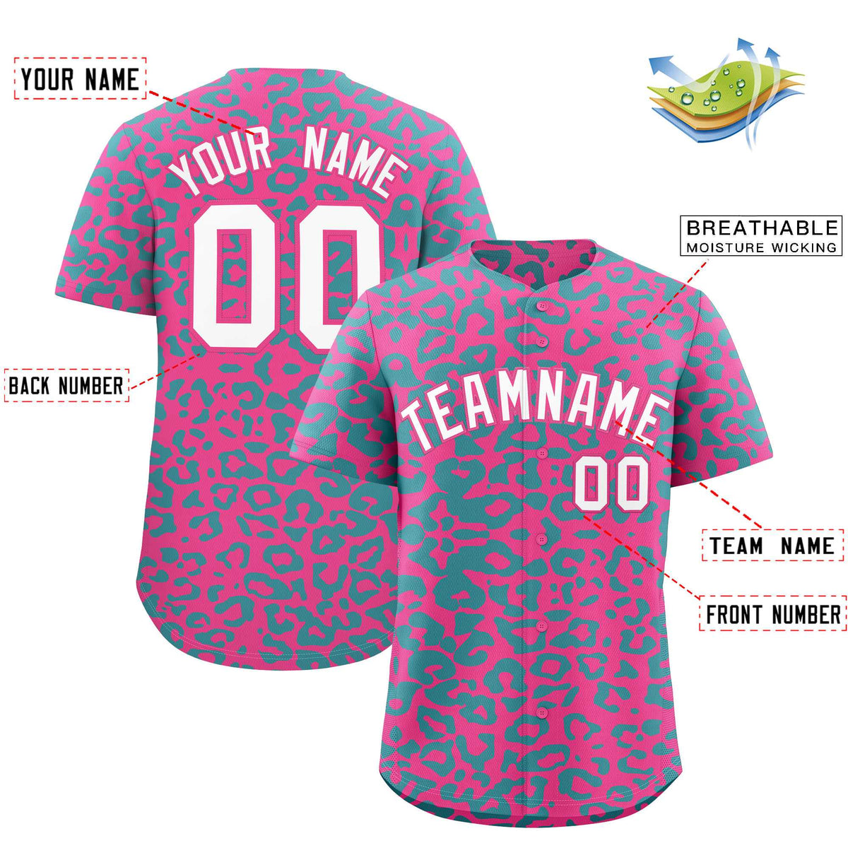 Custom Pink Aqua Leopard Print Pattern Authentic Baseball Jersey